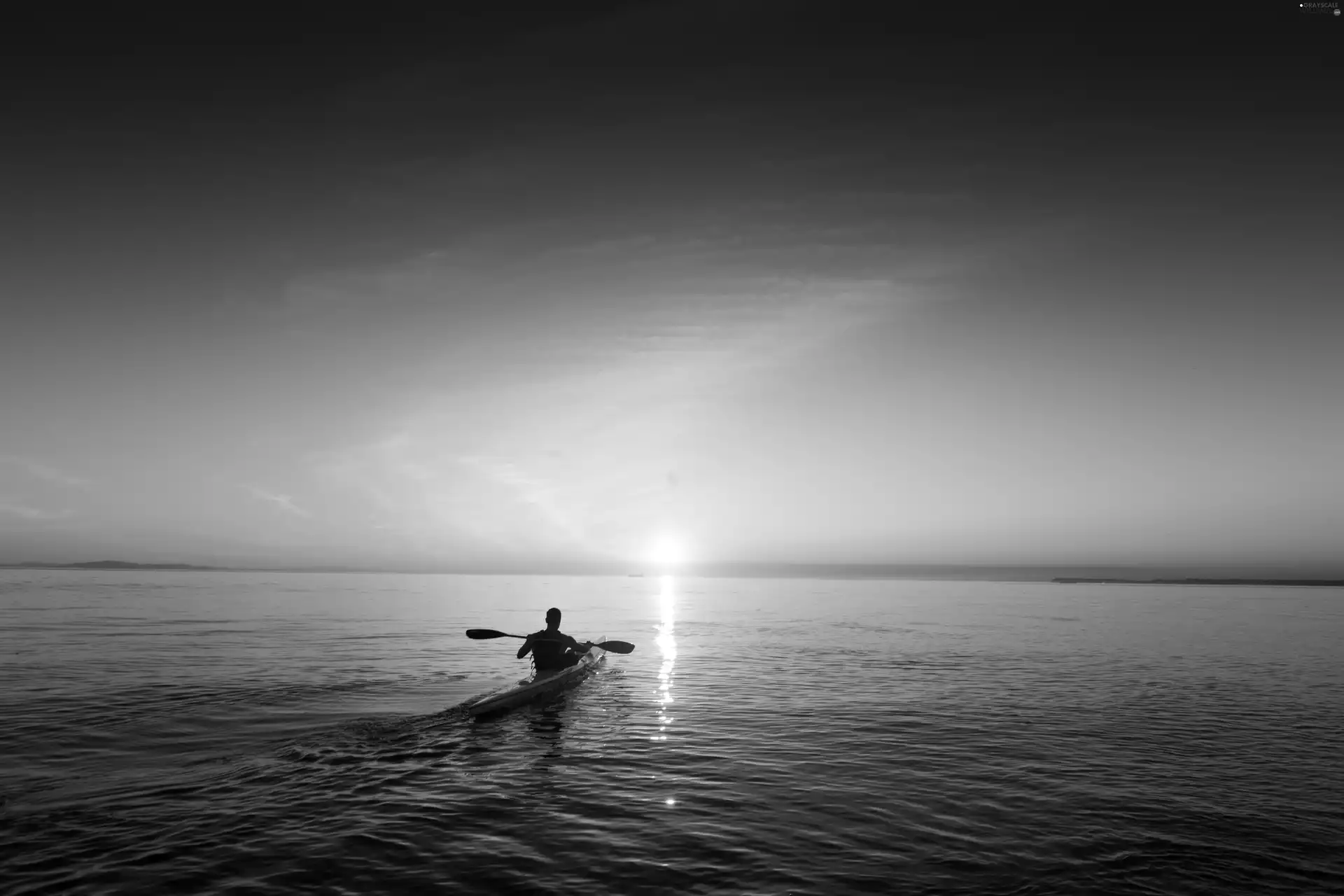 sea, a man, Kayak, Great Sunsets