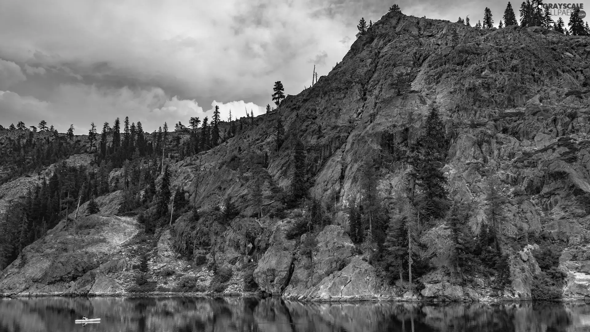 viewes, Kayak, lake, trees, Mountains