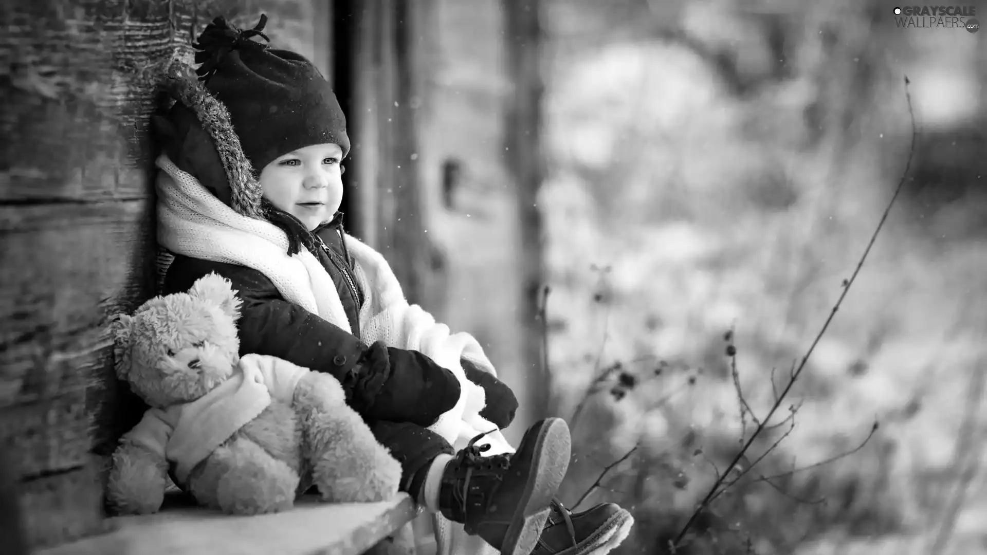 teddy bear, Bench, Kid, toy, winter