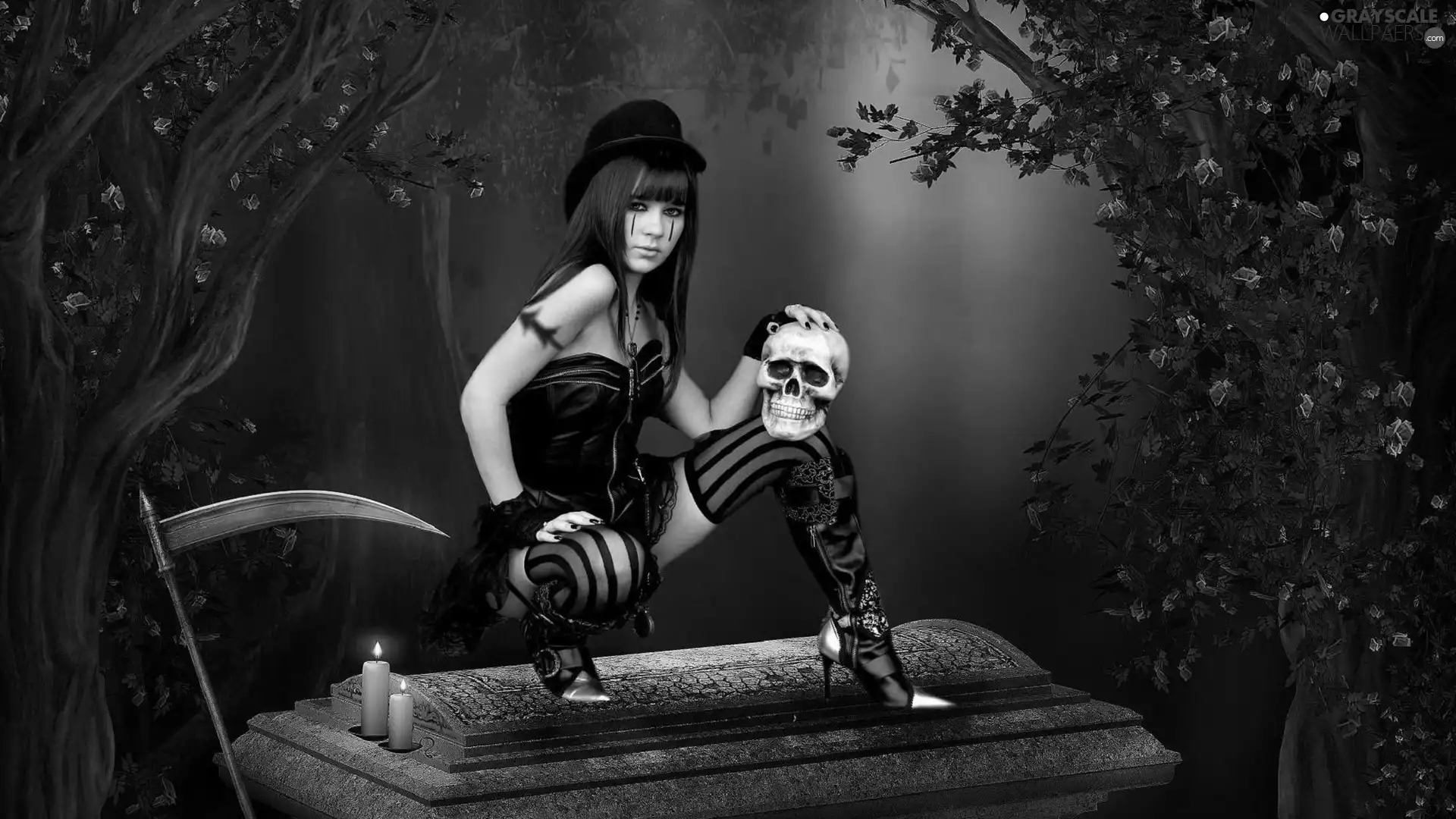 knife, girl, skull