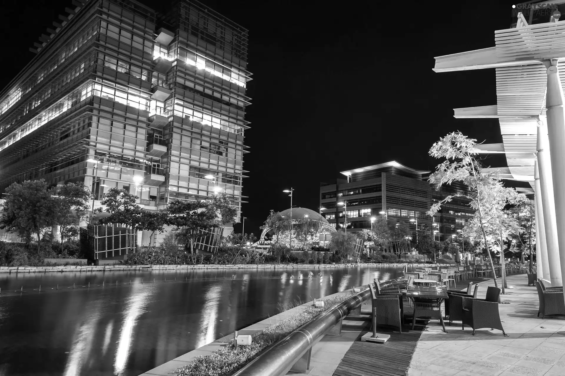 River, skyscrapers, Hong Kong, China, boulevard, Night