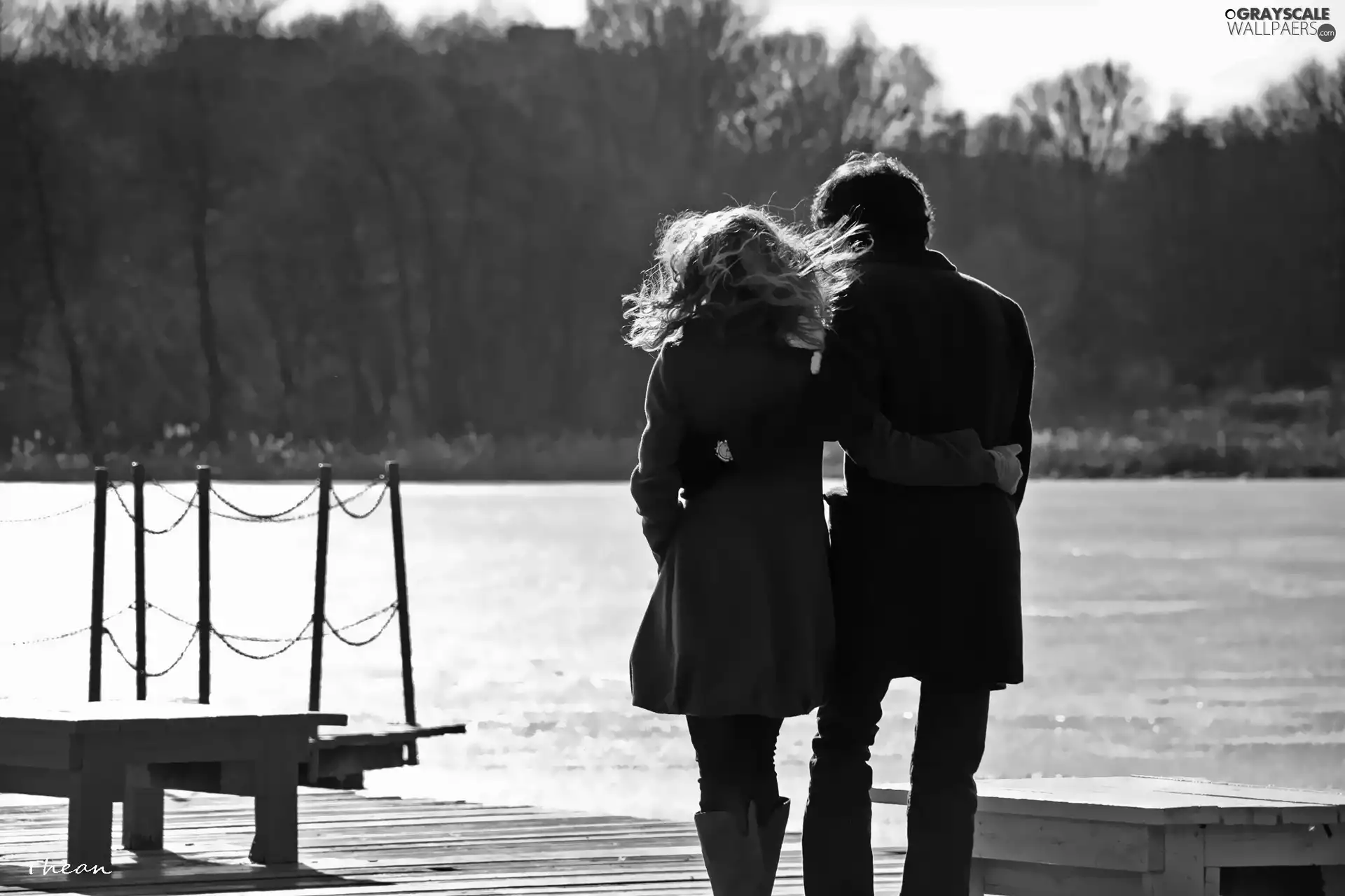 Women, pier, lake, a man