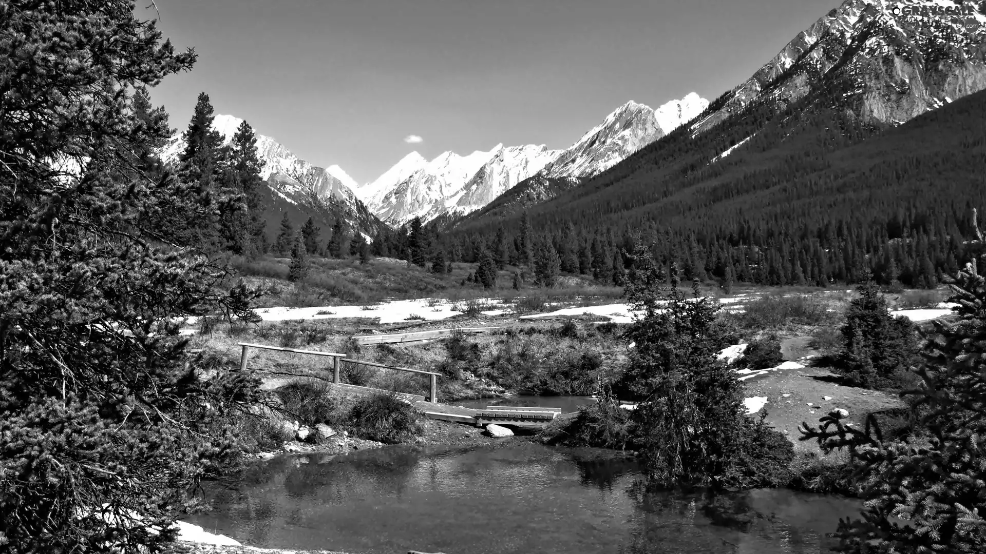 lake, bridges, Mountains, woods, Spring