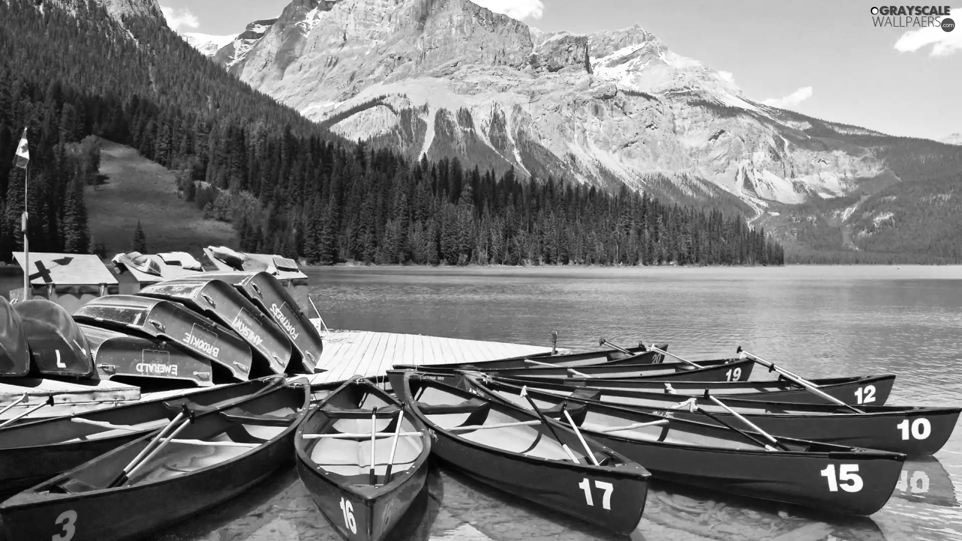 forest, Platform, esmerald, Mountains, Kayaks, lake, Canada