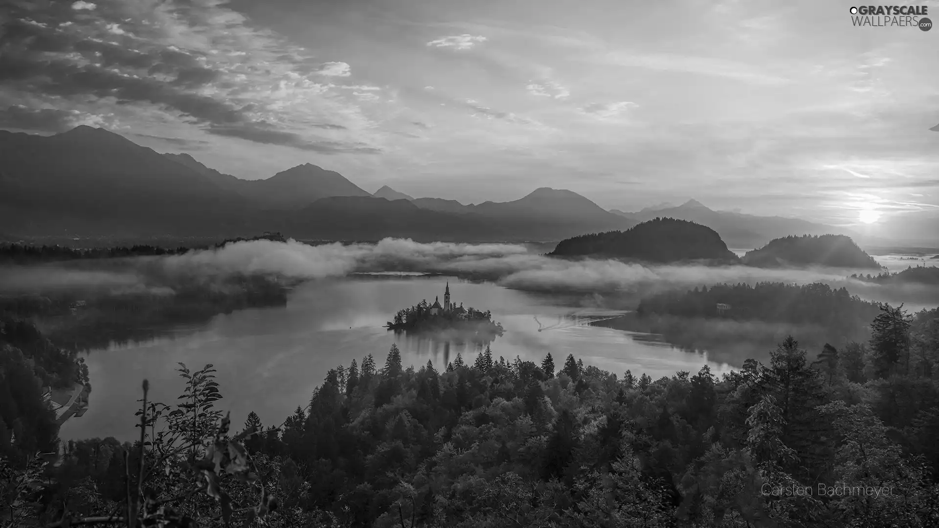 viewes, Blejski Otok Island, Church, Fog, Mountains, autumn, Lake Bled, Slovenia, Great Sunsets, trees