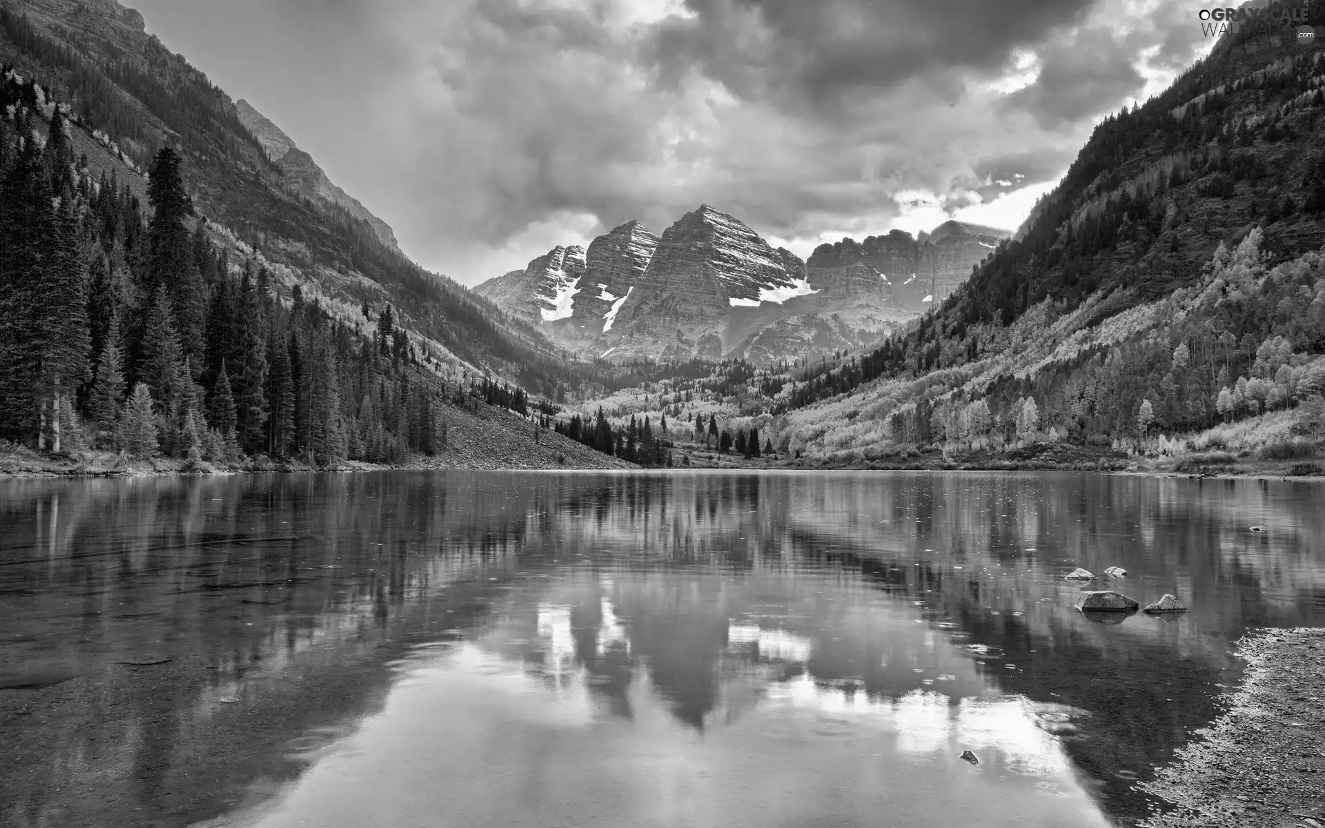 lake, Mountains, clouds