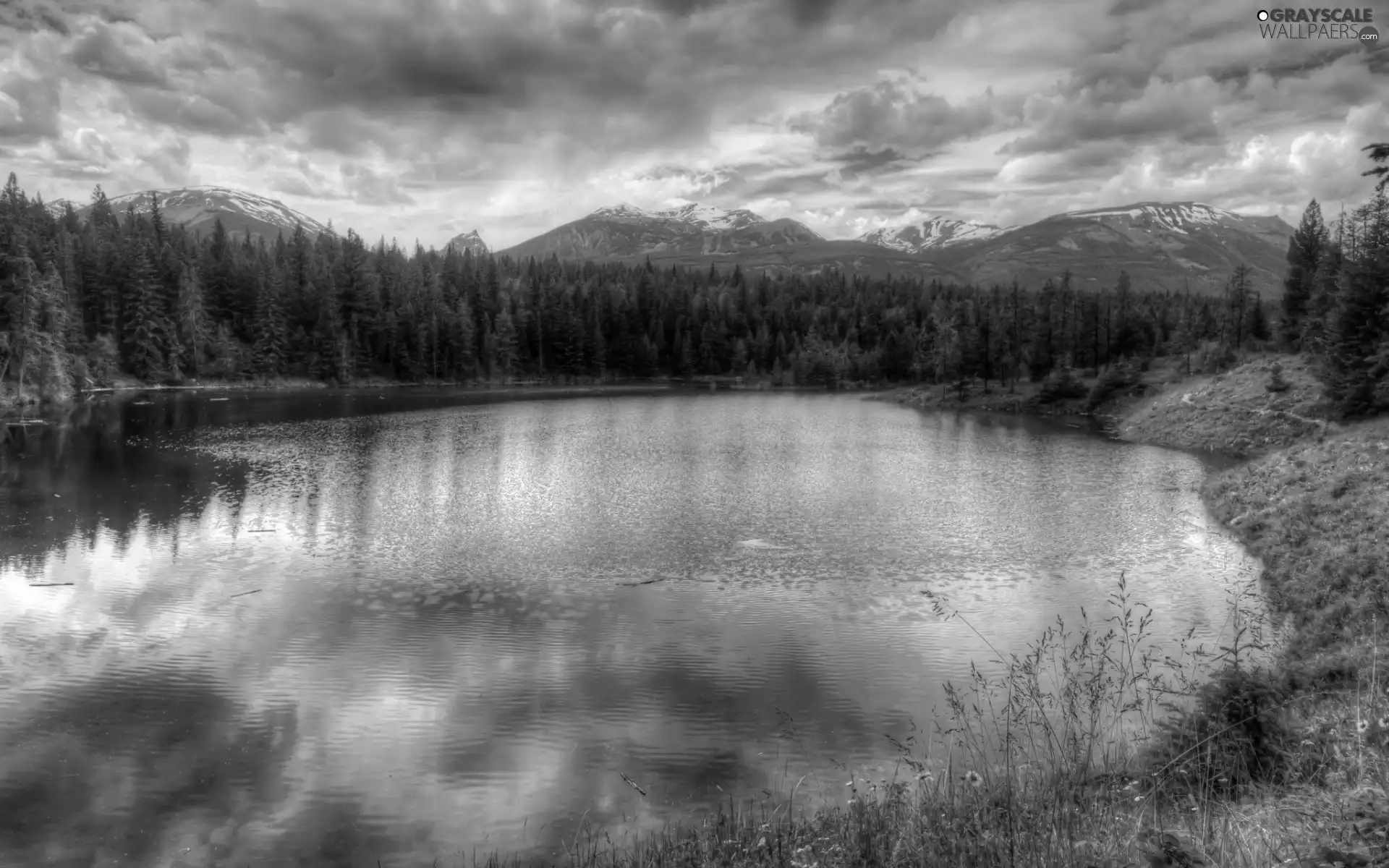 lake, Mountains, clouds