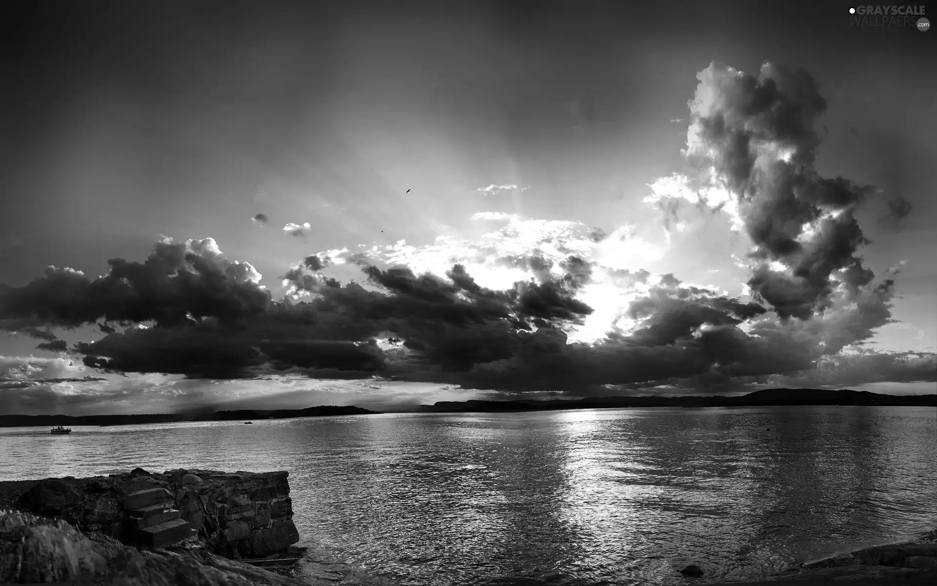 clouds, sun, lake, Przebijające