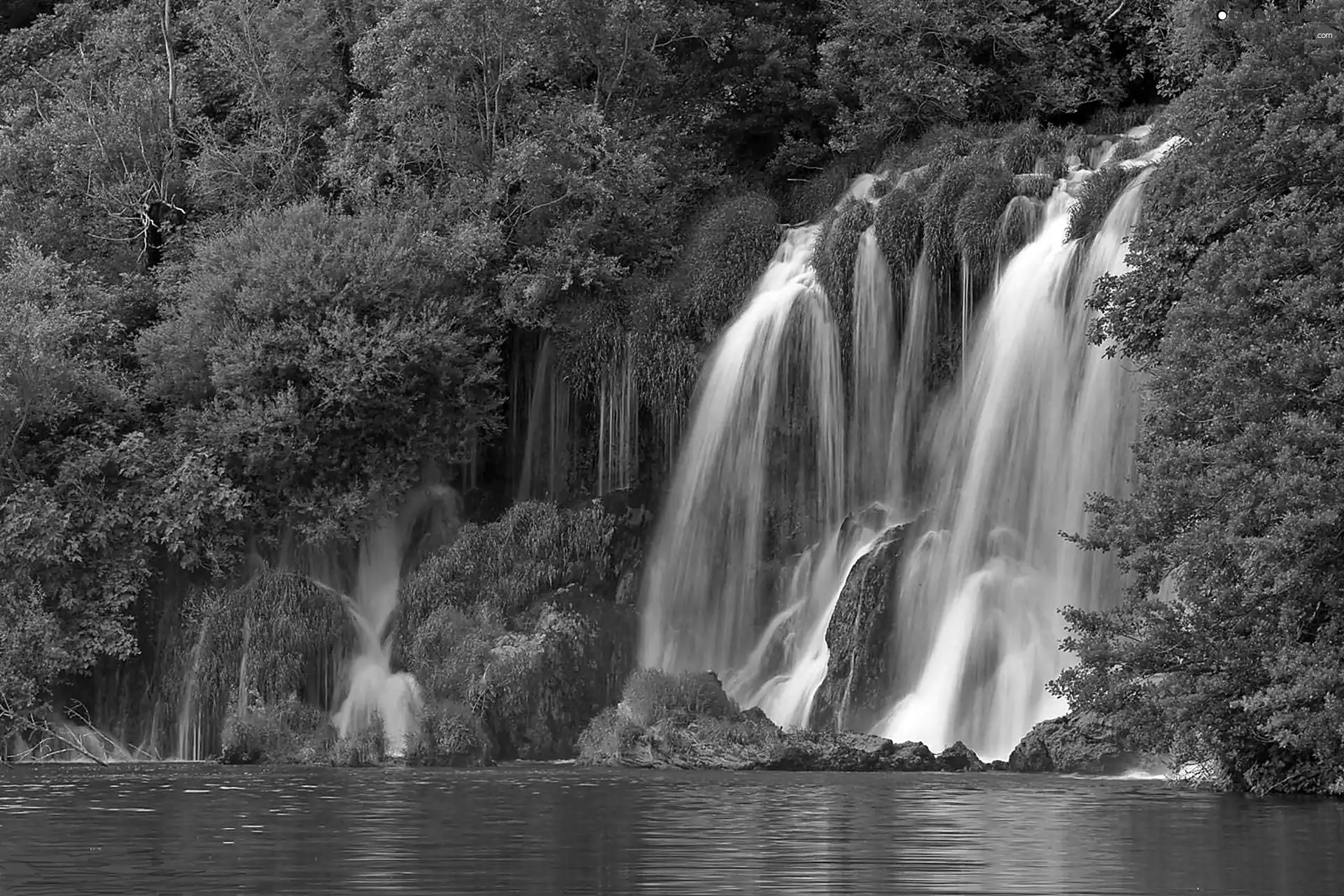 forest, waterfall, lake, rocks