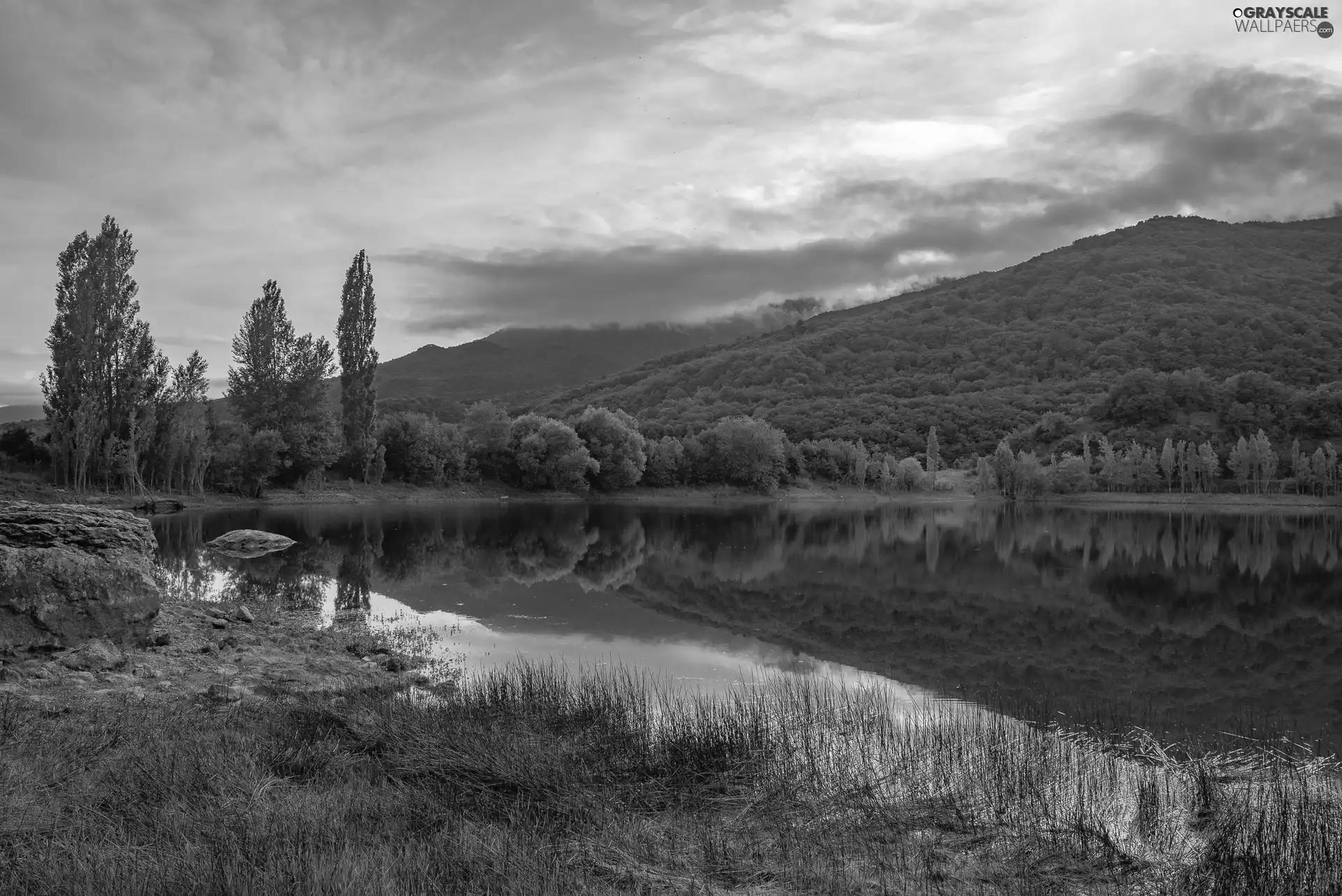 lake, reflection, rocks, trees, grass, The Hills, Sunrise, viewes