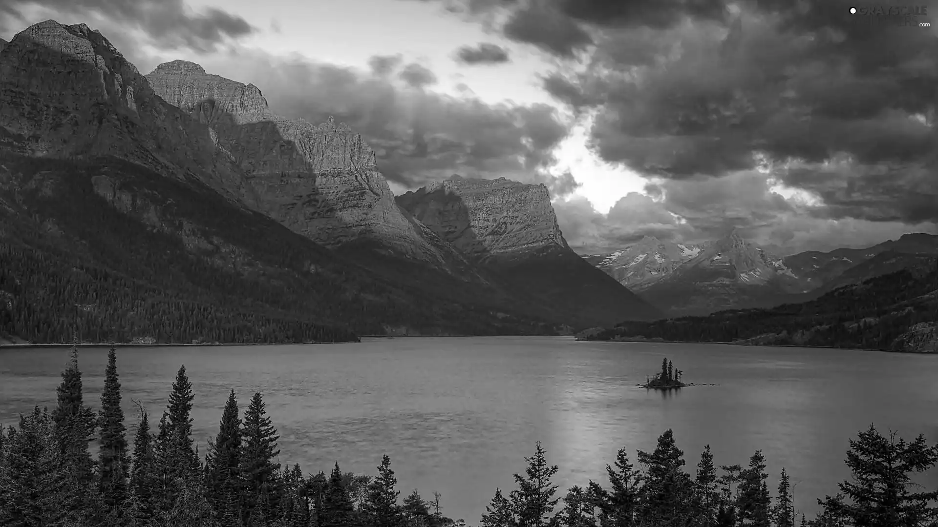 lake, Islet, illuminated, peaks, clouds