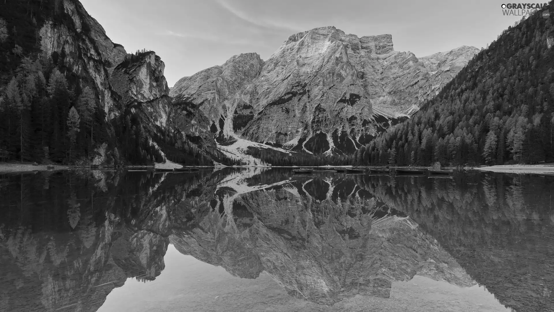 Mountains, Pragser Wildsee Lake, Dolomites, trees, Trentino-Alto Adige, Italy, reflection, Boats, viewes