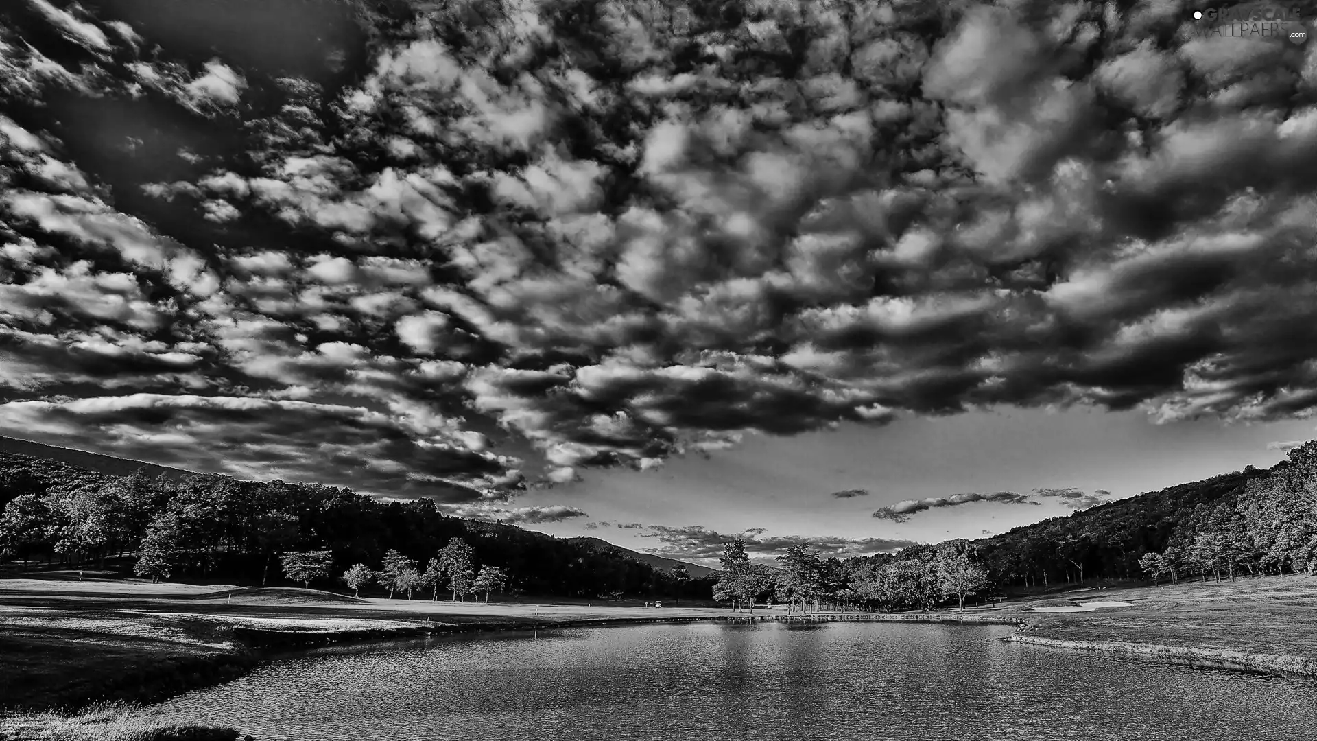 Sky, Clouds, lake, forest, flash, luminosity, ligh, sun, Przebijające