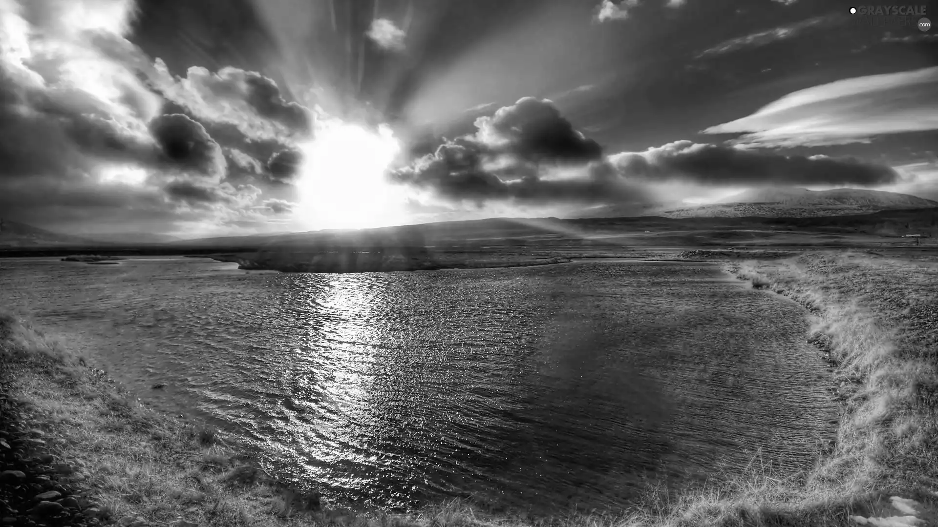 lake, medows, dark, clouds, dawn