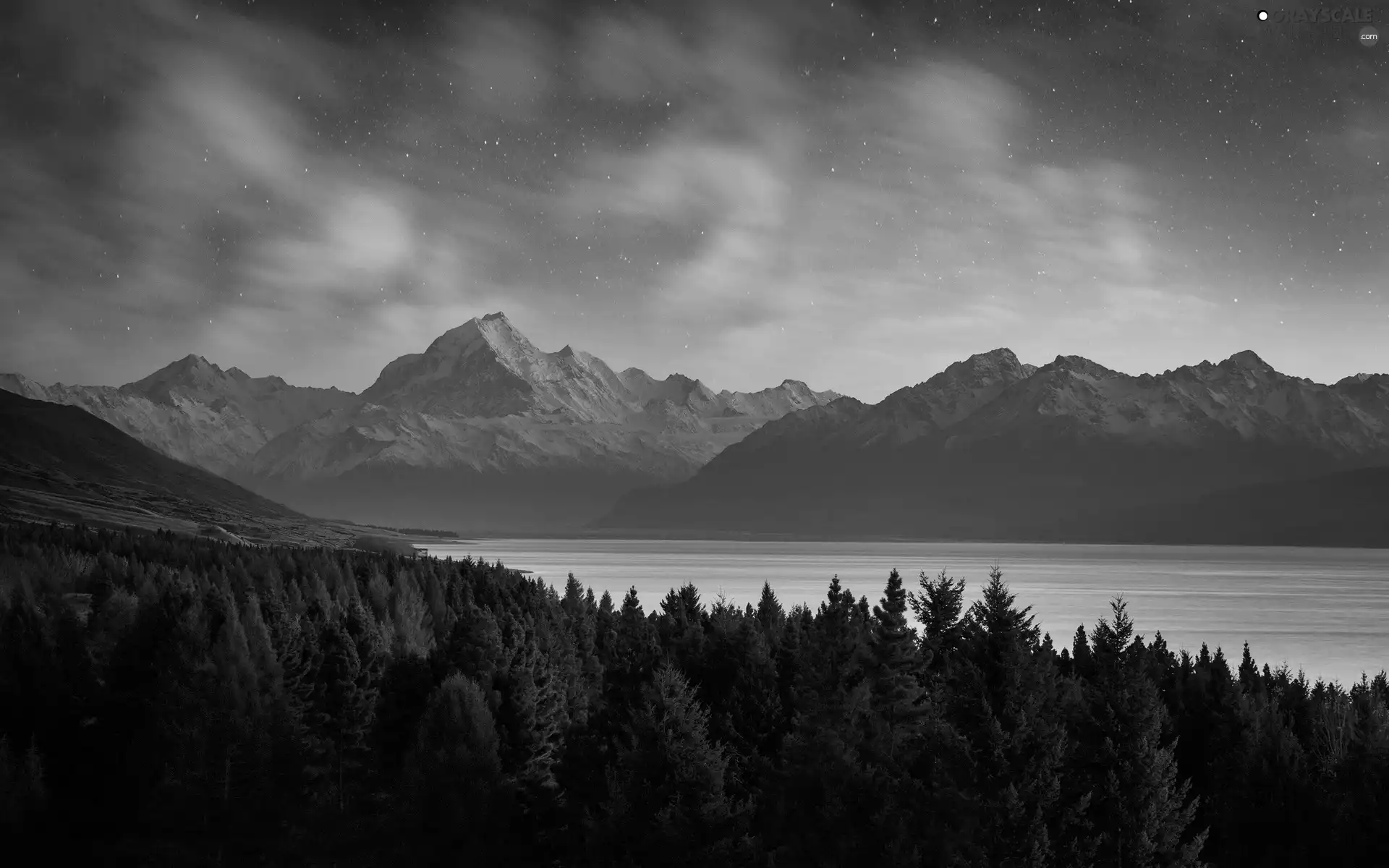 Mountains, Night, lake, forest