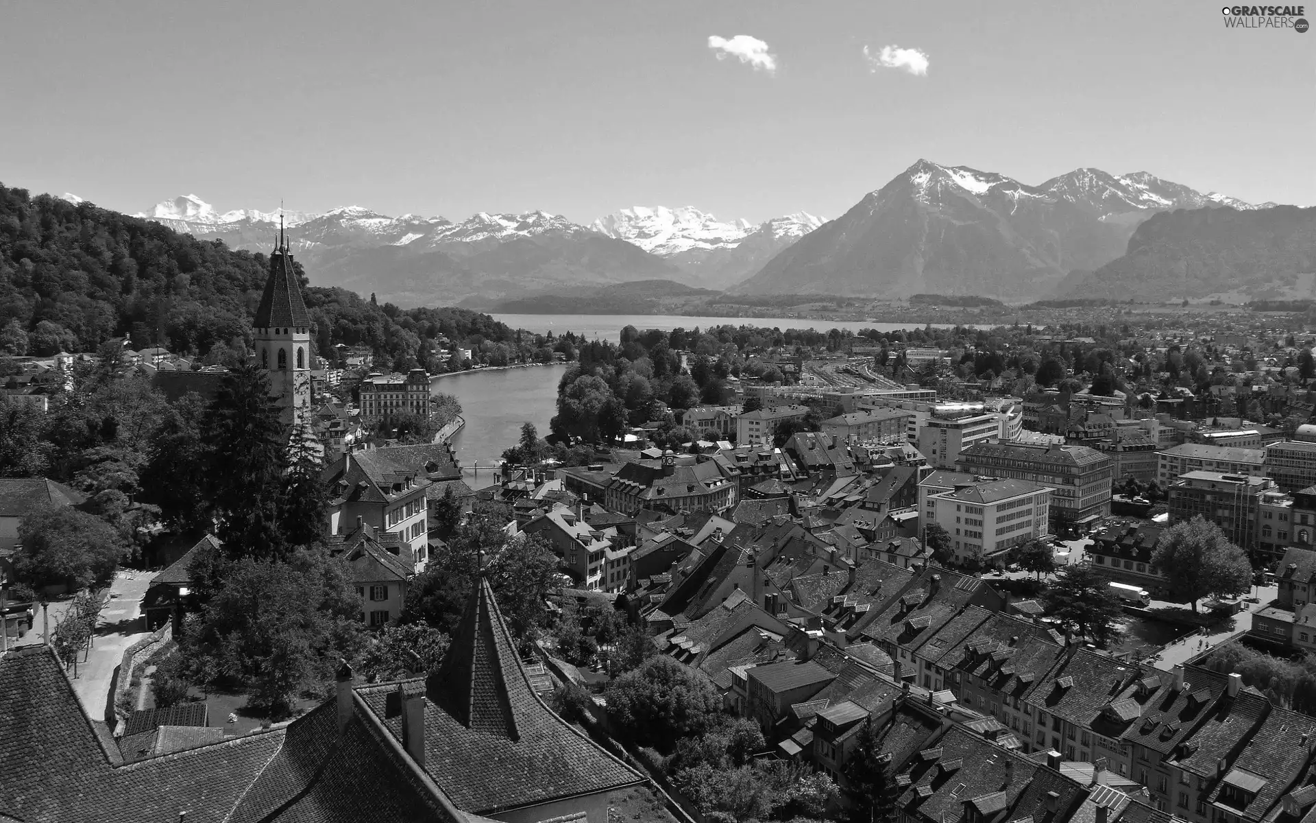 lake, Mountains, town, River, panorama