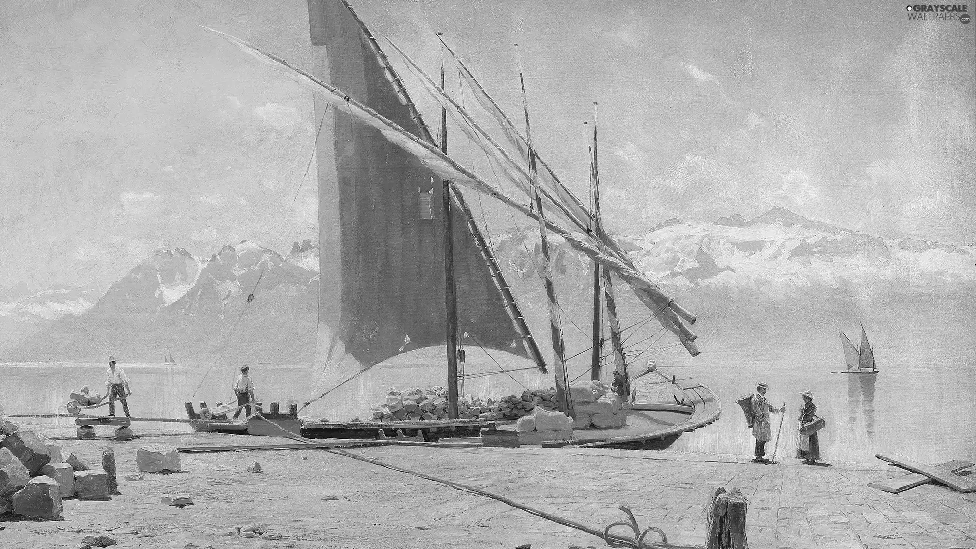 men, picture, Mountains, Peder Monsted, painting, Sailboats, lake