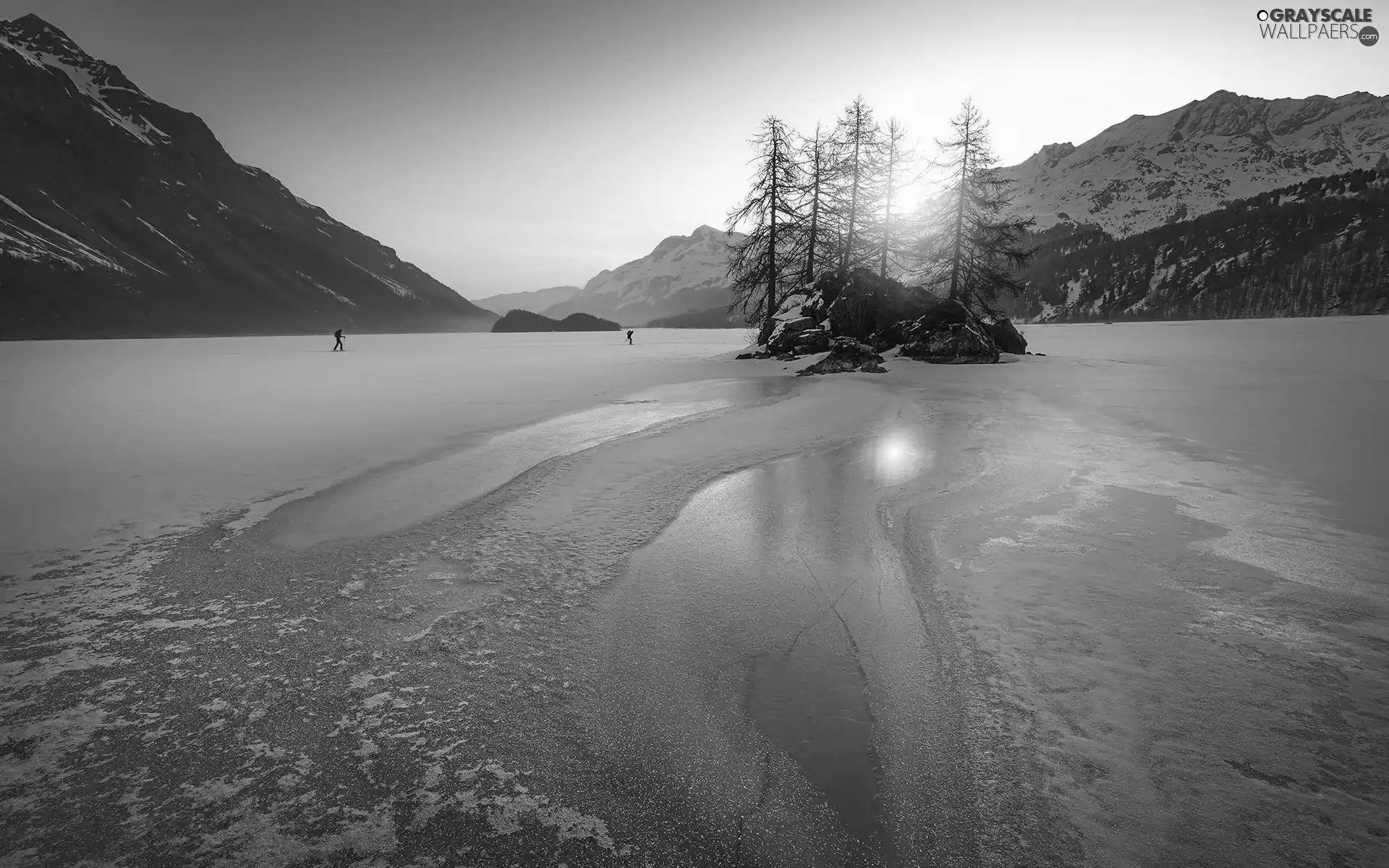 trees, winter, Sunrise, lake, viewes, Mountains