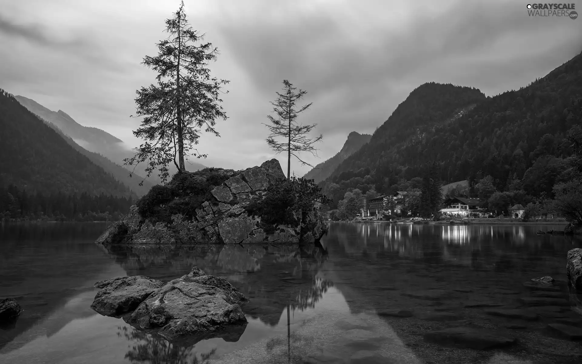 clouds, light, Great Sunsets, Mountains, Rocks, Bavaria, Houses, Lake Hintersee, Germany, Alps, viewes, trees