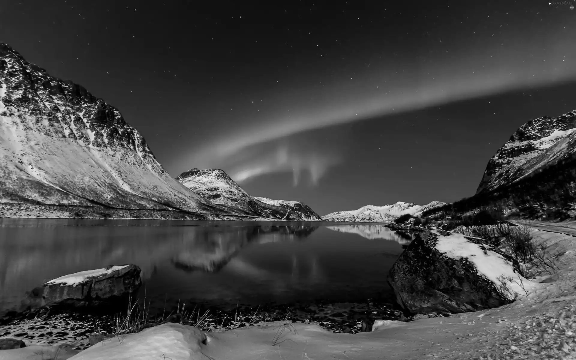 lake, winter, Mountains