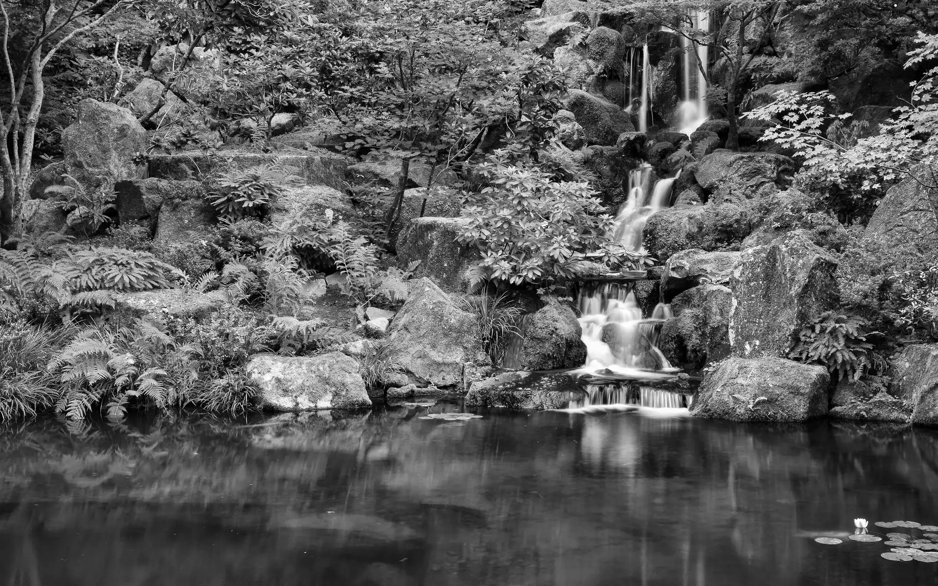 Park, rocks, lake, waterfall