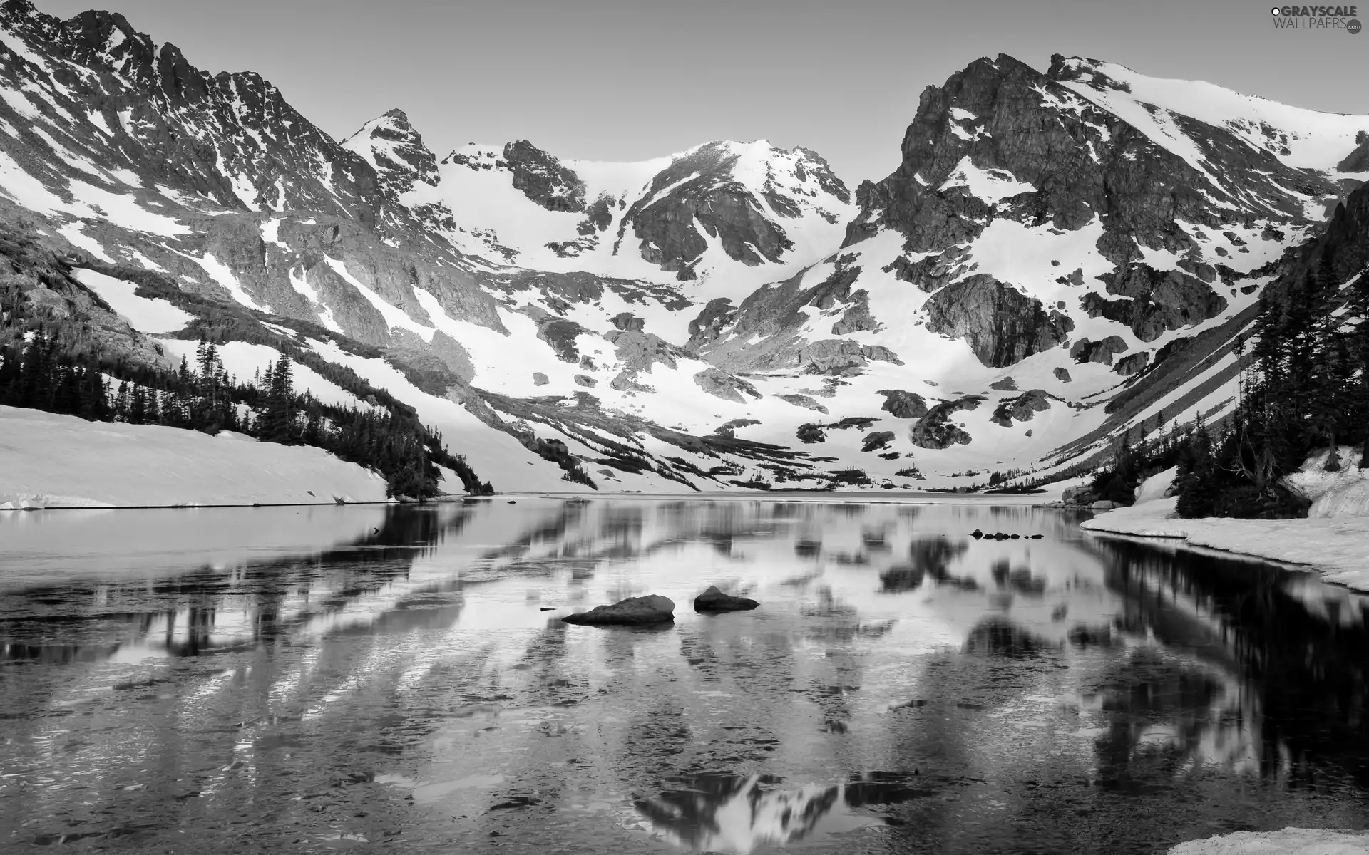 lake, reflection, peaks, snow, Mountains