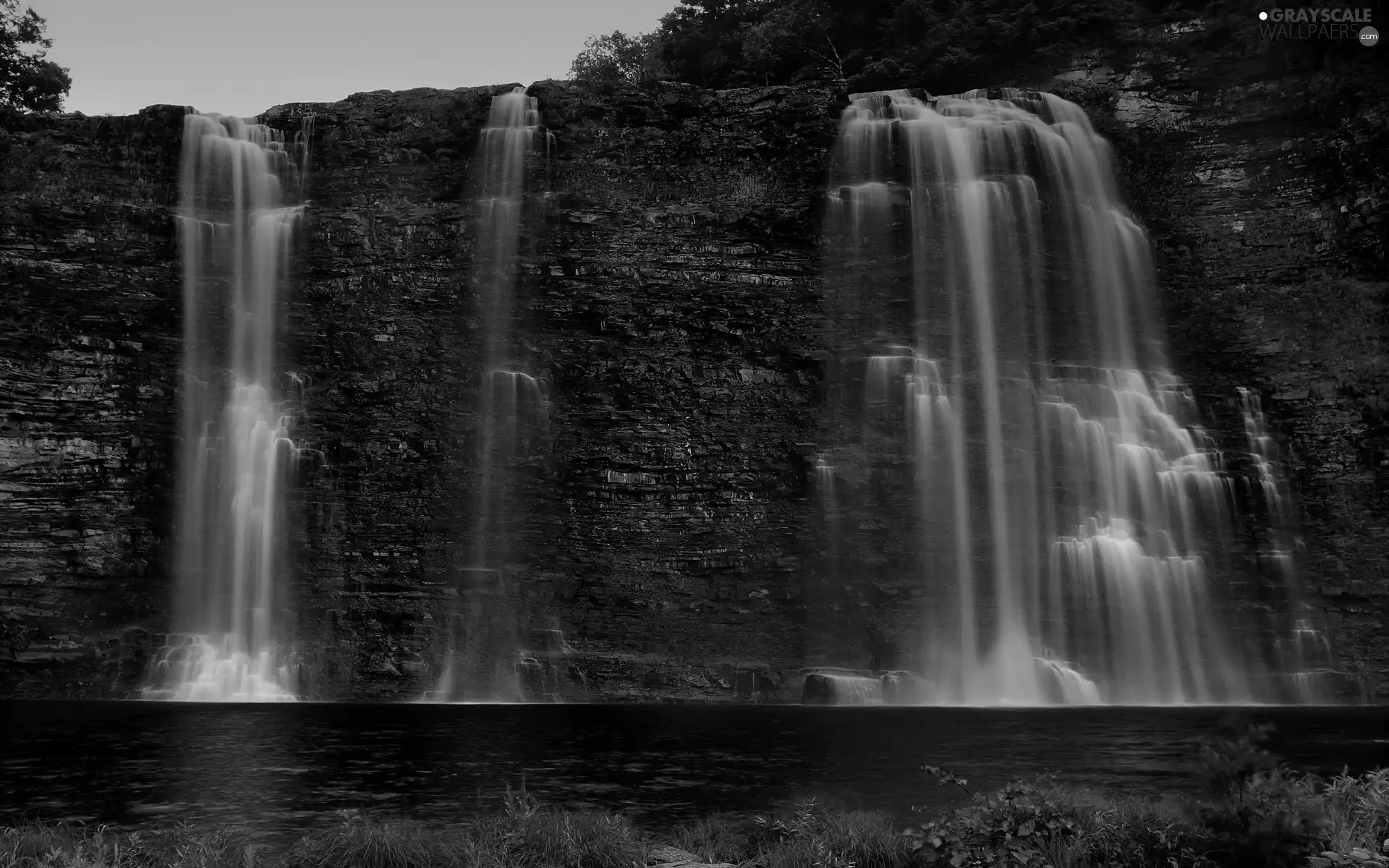 lake, waterfall, rocks