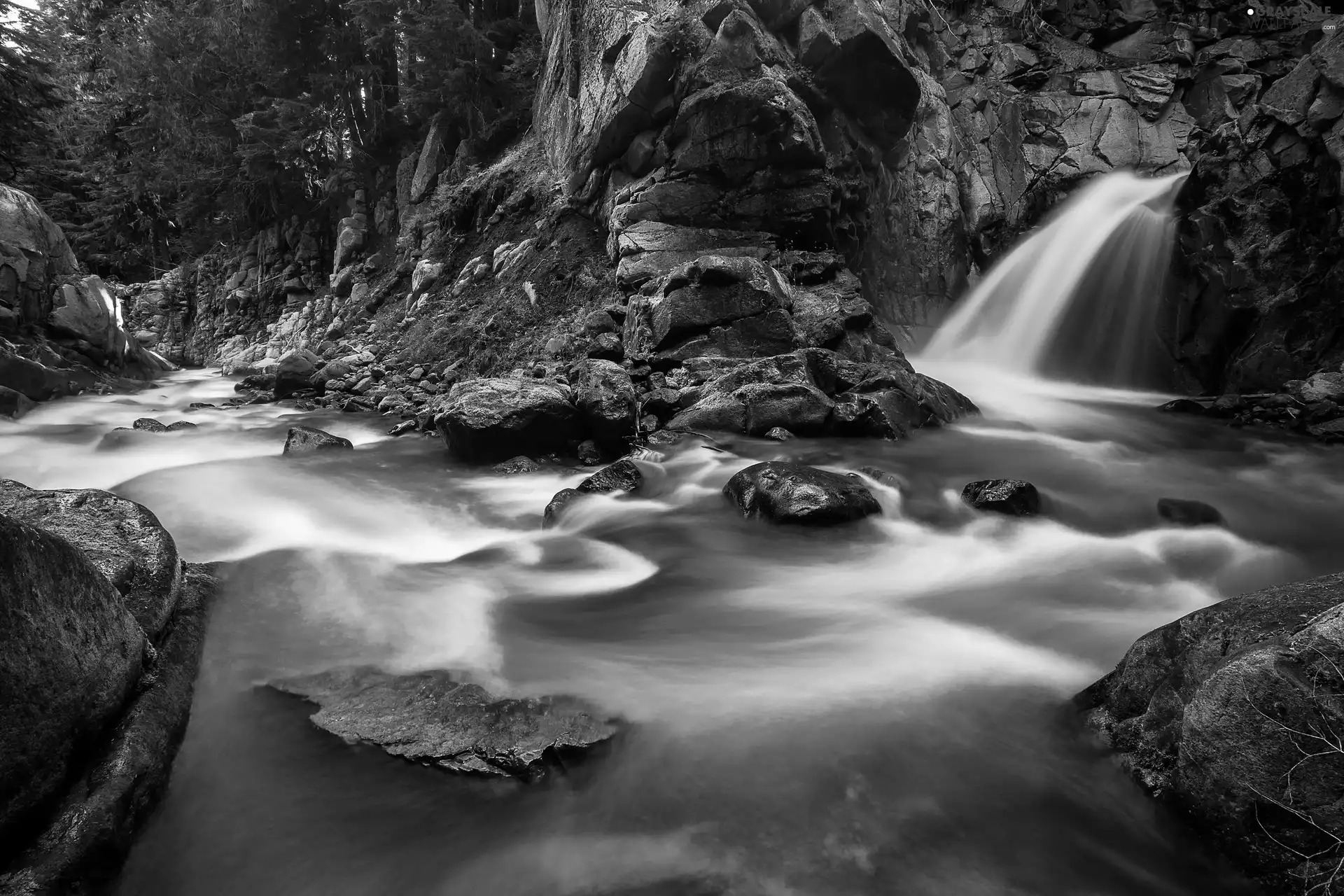 lake, waterfall, rocks