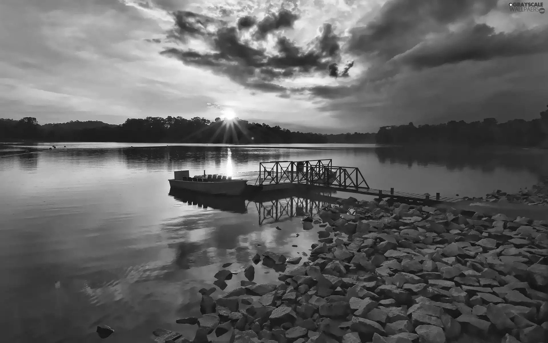 stone, Boat, lake, coast