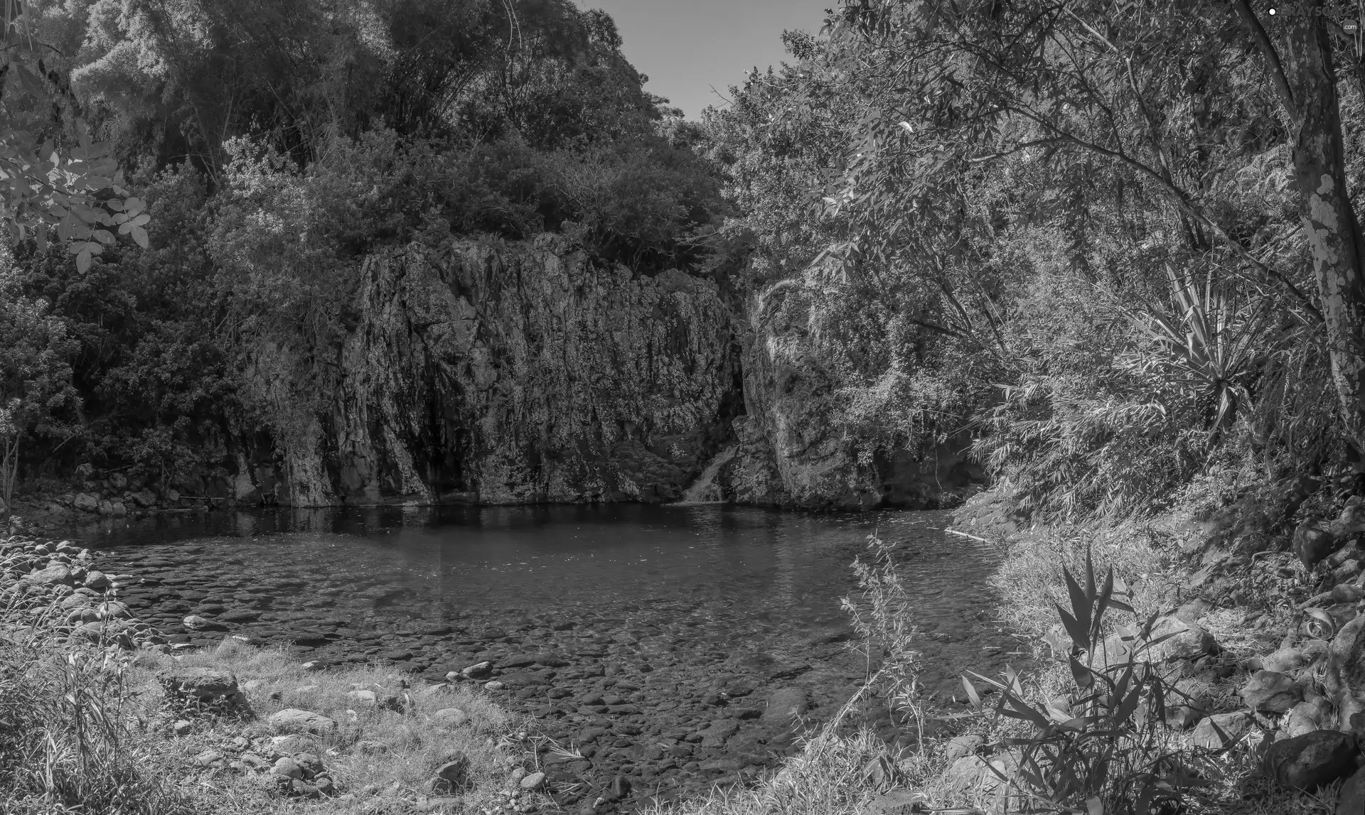 viewes, rocks, lake, Stones, waterfall, trees