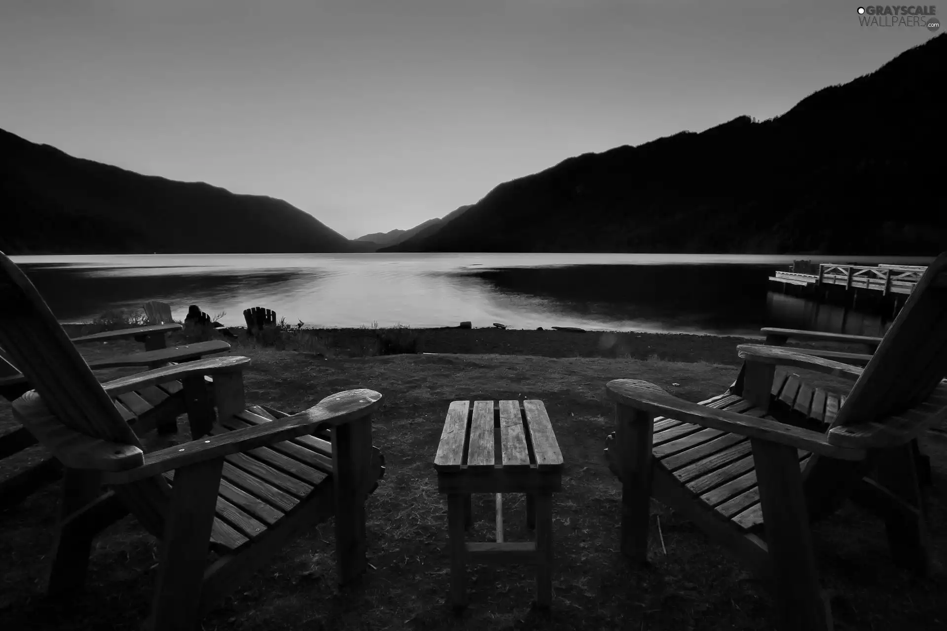 lake, Stool, sun, Mountains, west