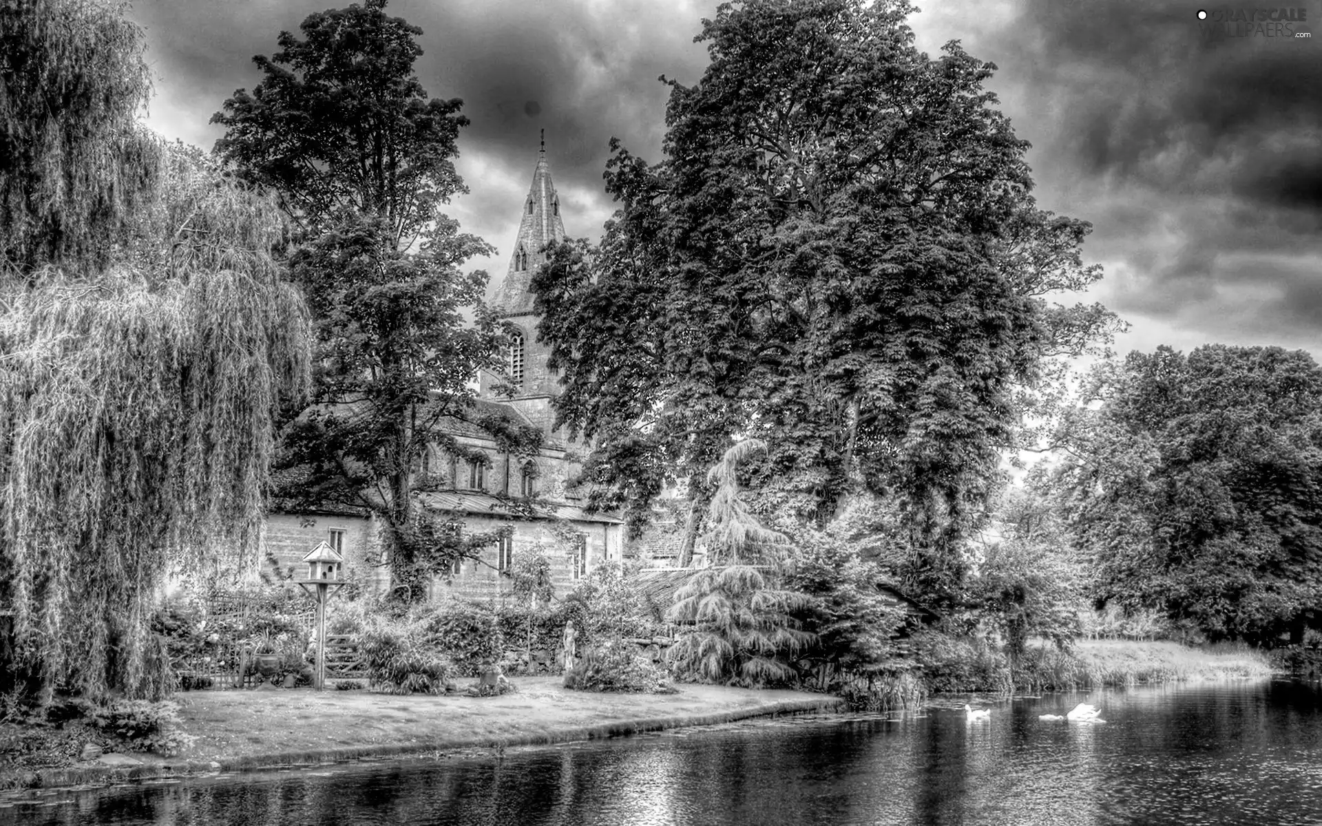 Garden. Trees, Church, lake