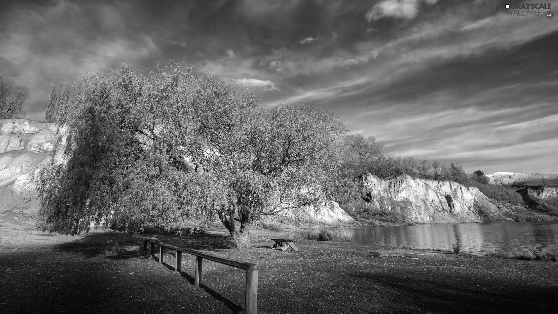 trees, rocks, lake, Bench