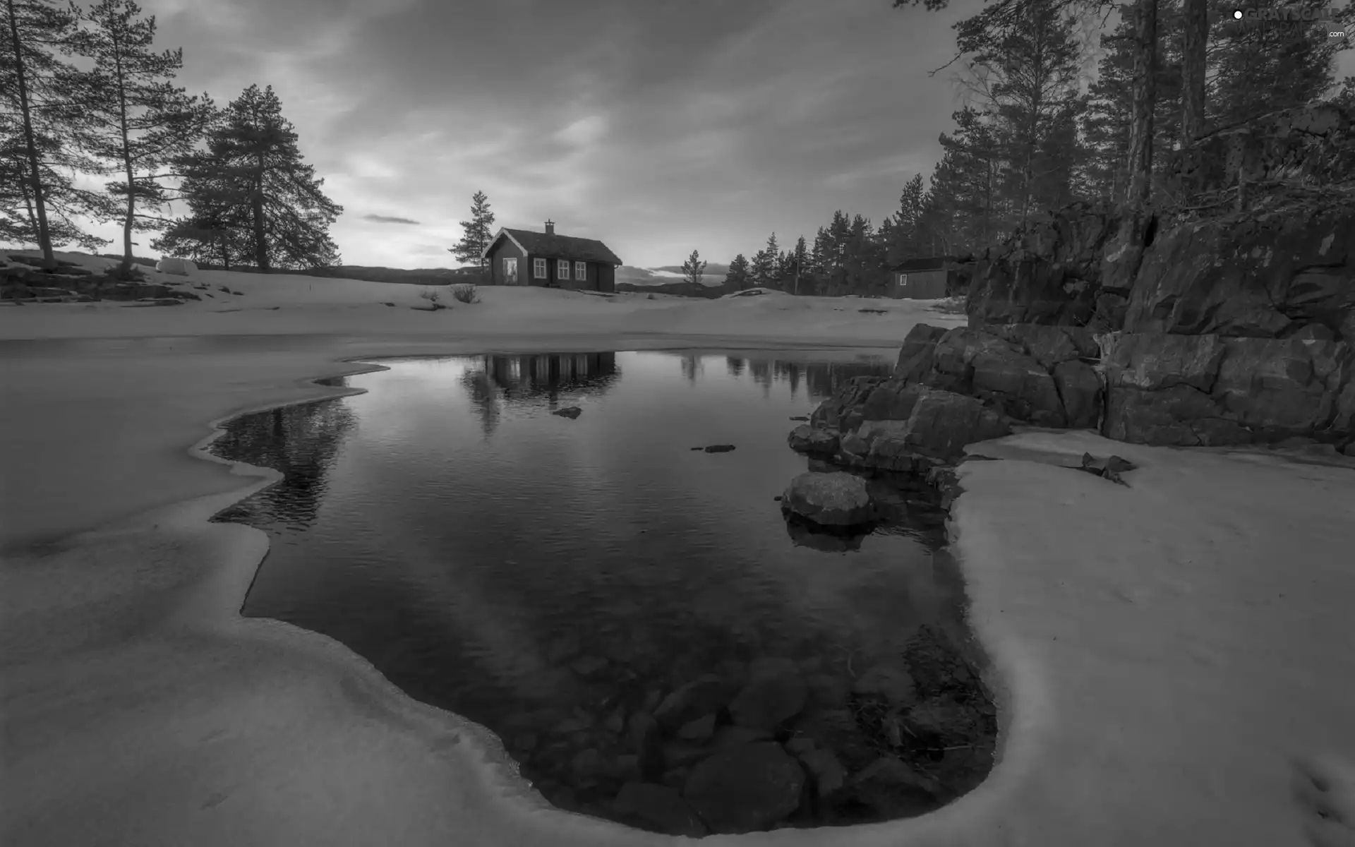 Houses, frozen, viewes, lake, winter, trees, Stones
