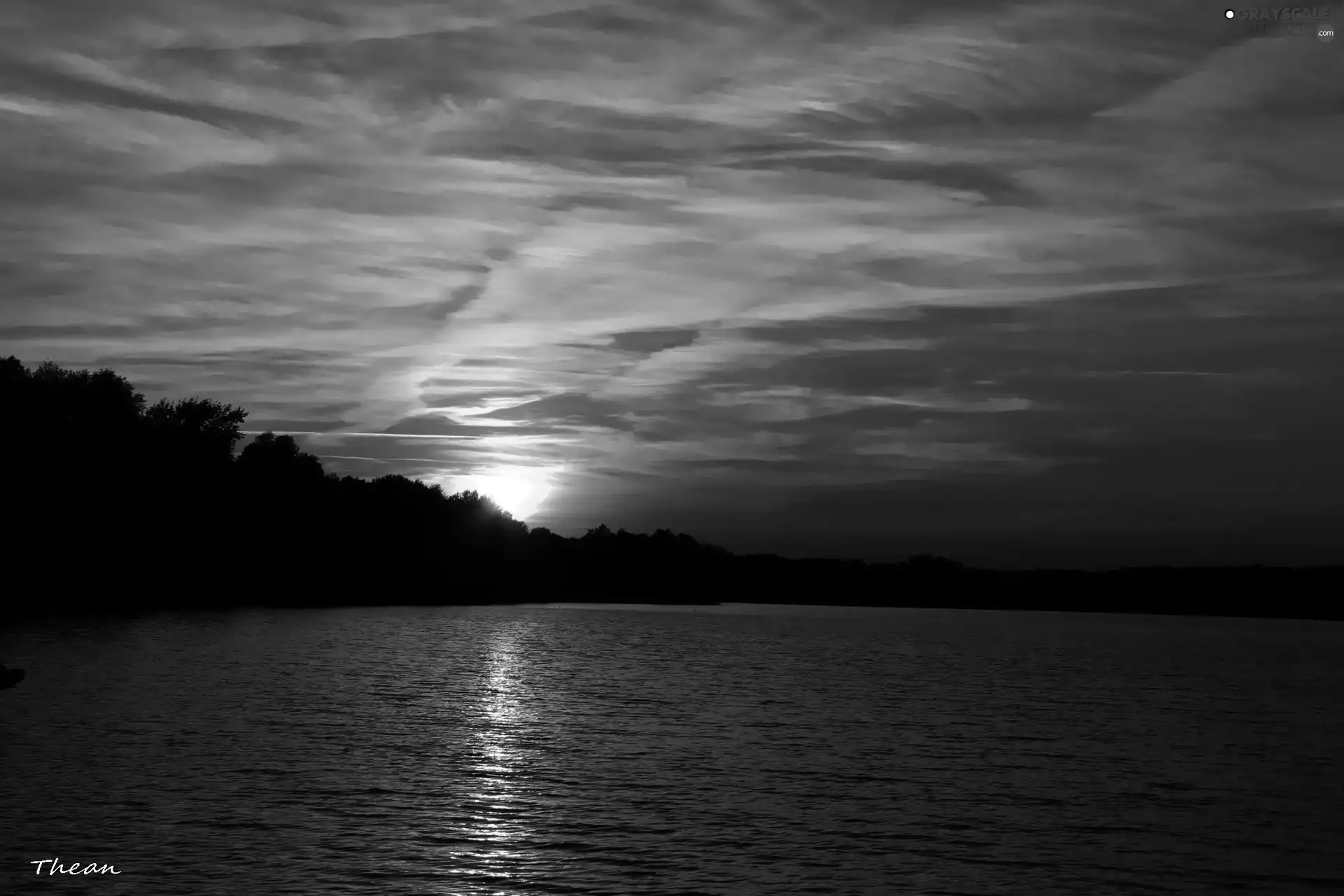 west, evening, lake, sun