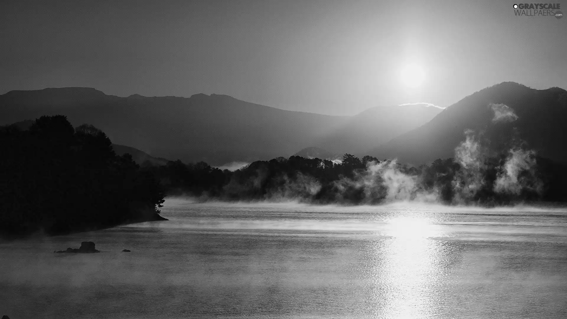 west, Mountains, lake, sun