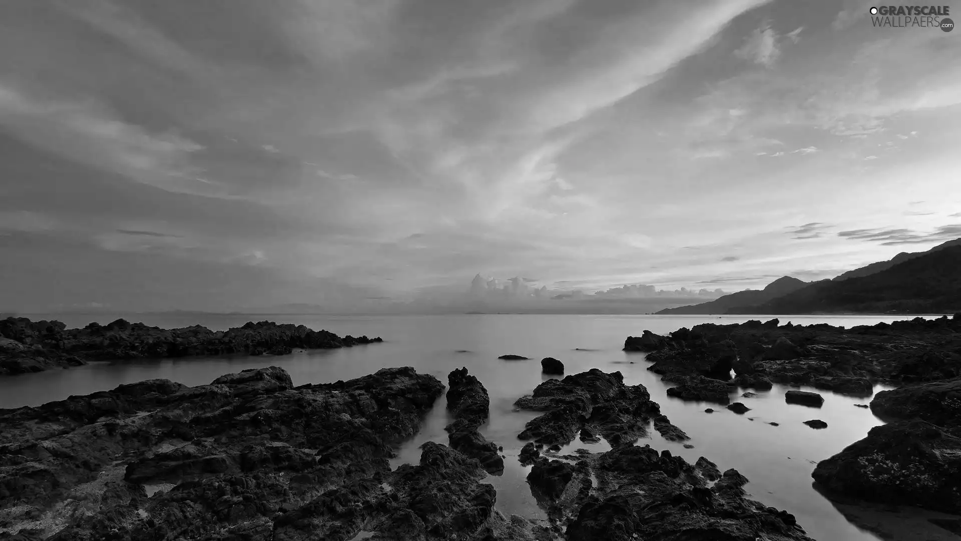 west, rocks, lake, sun