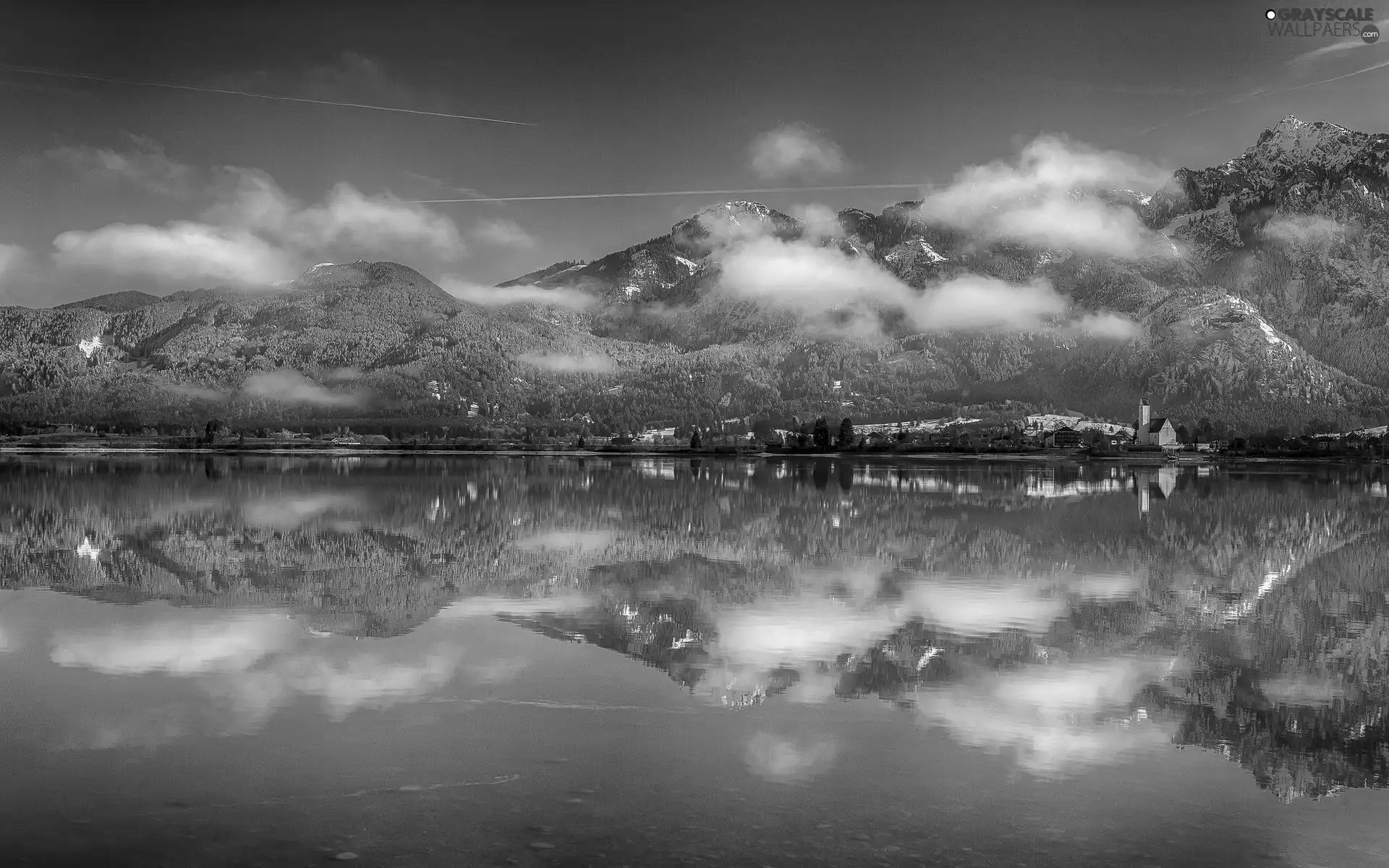 lake, winter, Mountains, forest, clouds