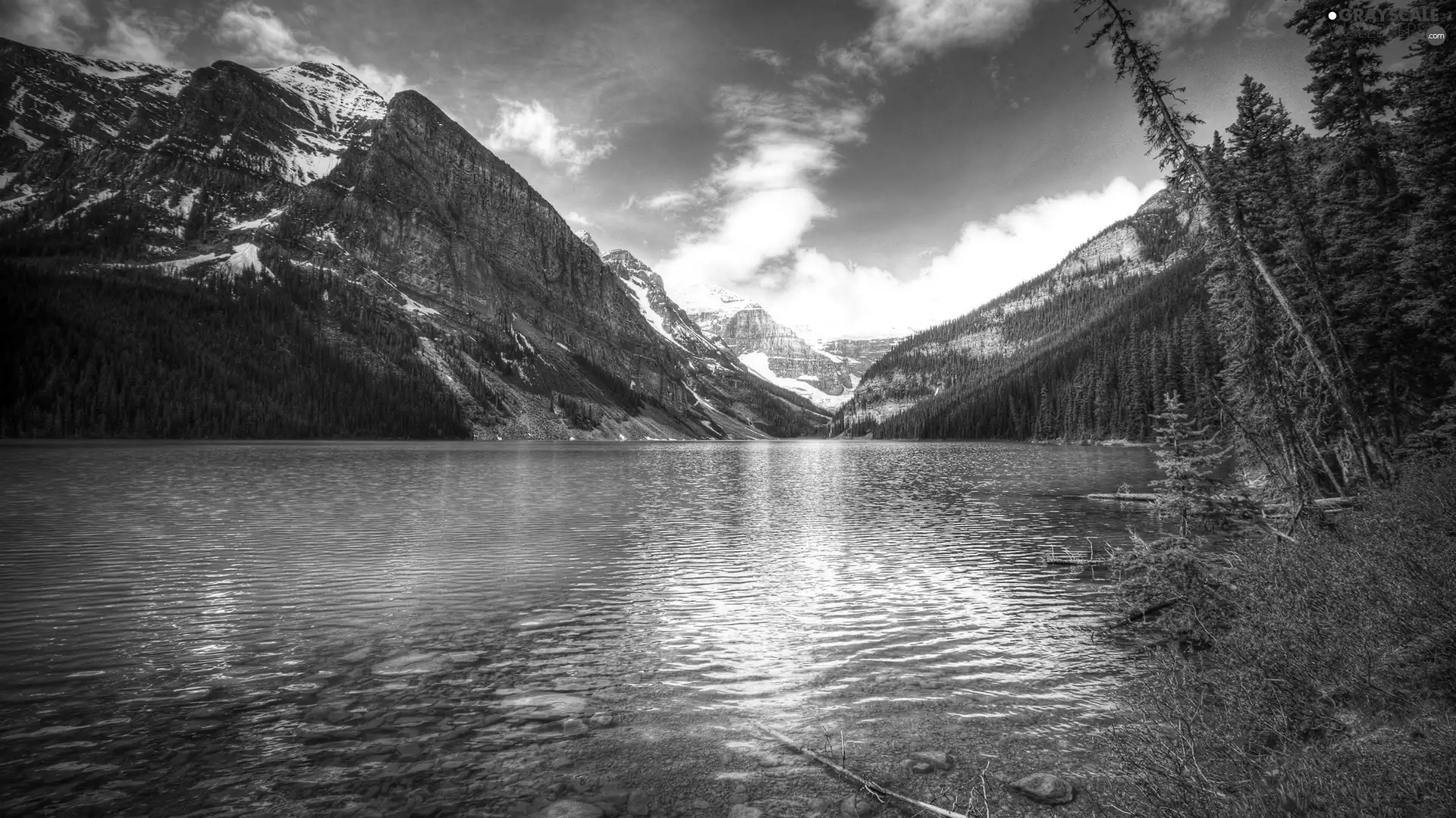 lake, Mountains, woods