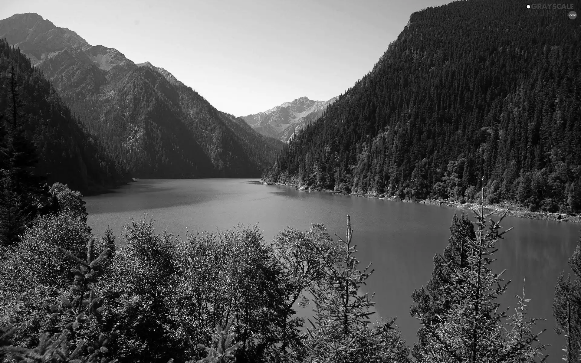 lake, Mountains, woods