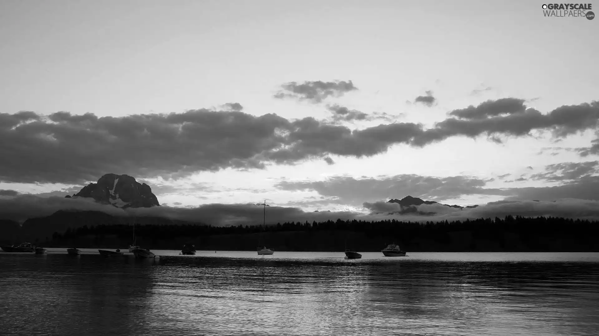 Yachts, woods, lake, Mountains