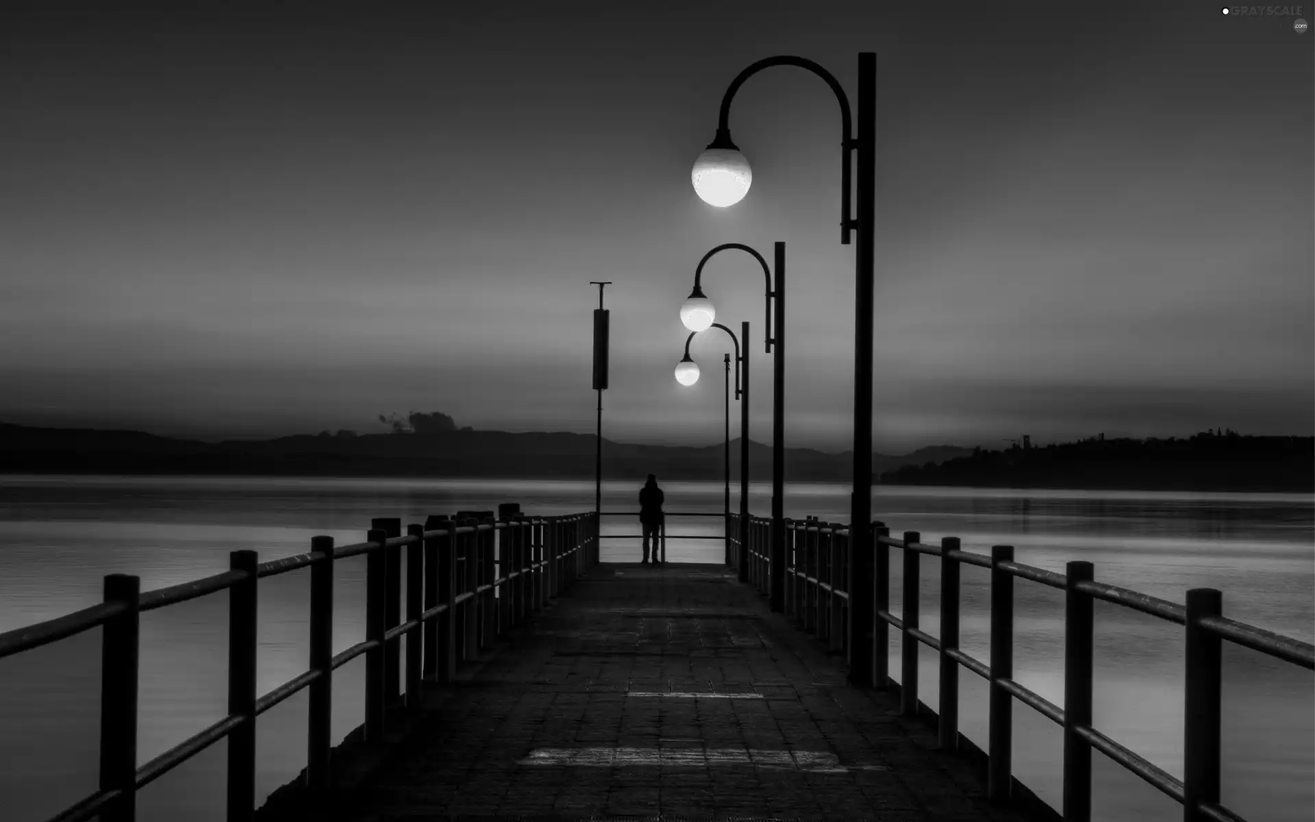 Lamps, lake, pier