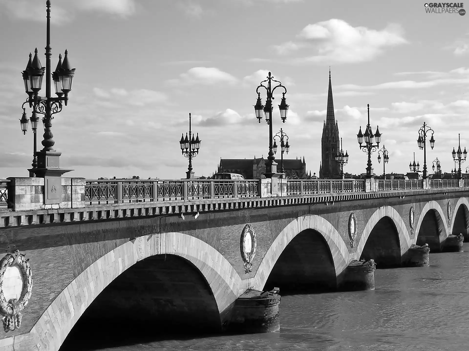 bridge, Bordeaux, Church, France, lanterns, River