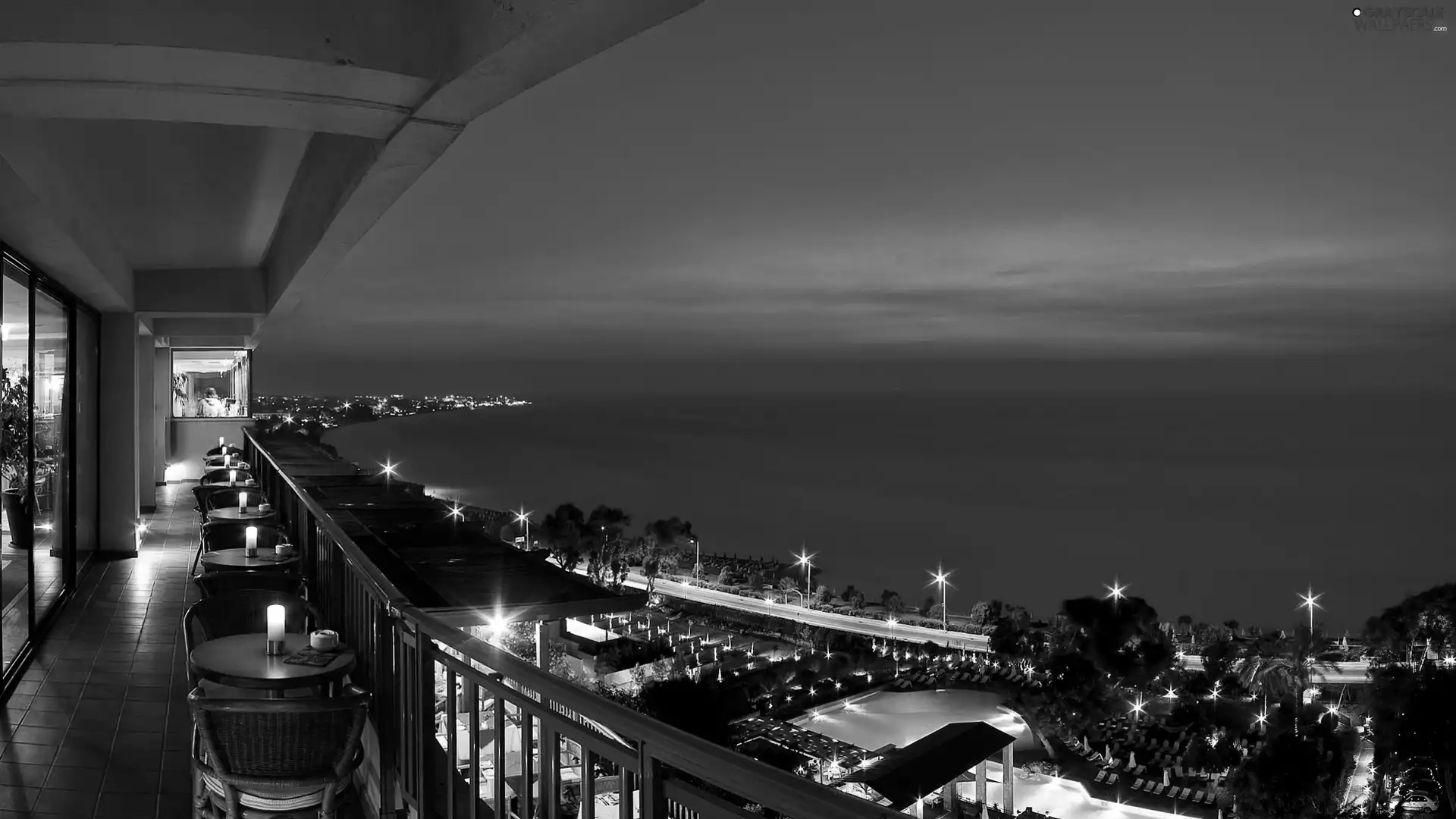 lanterns, Night, Hotel hall, Pools, Coast