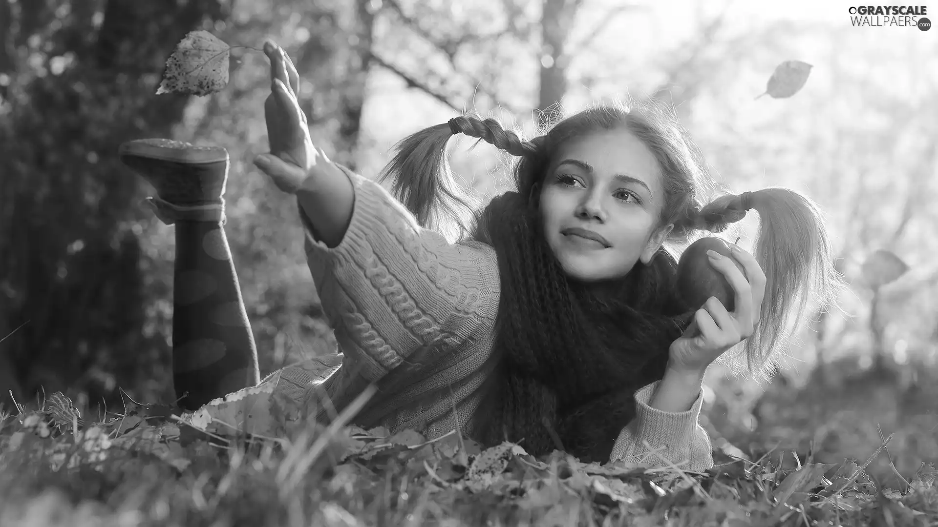 Leaf, autumn, Apple, forest, girl