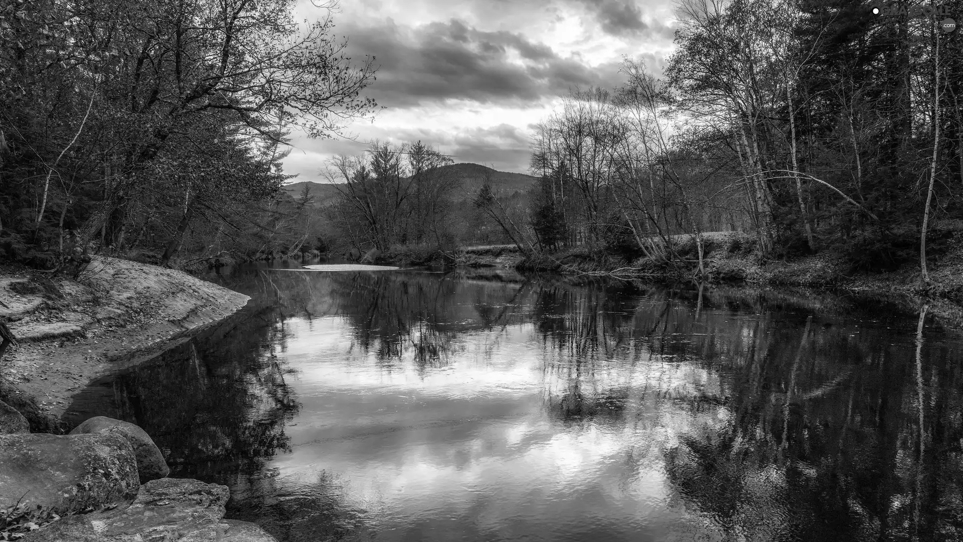 rocks, River, viewes, Leaf, trees, Mountains