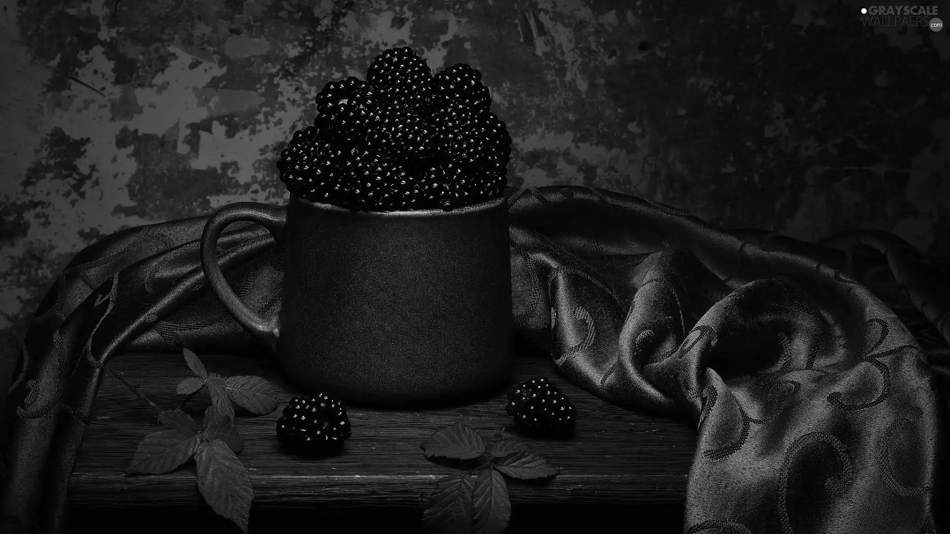 Fruits, Table, Cup, cloth, still life, blackberries, leaves