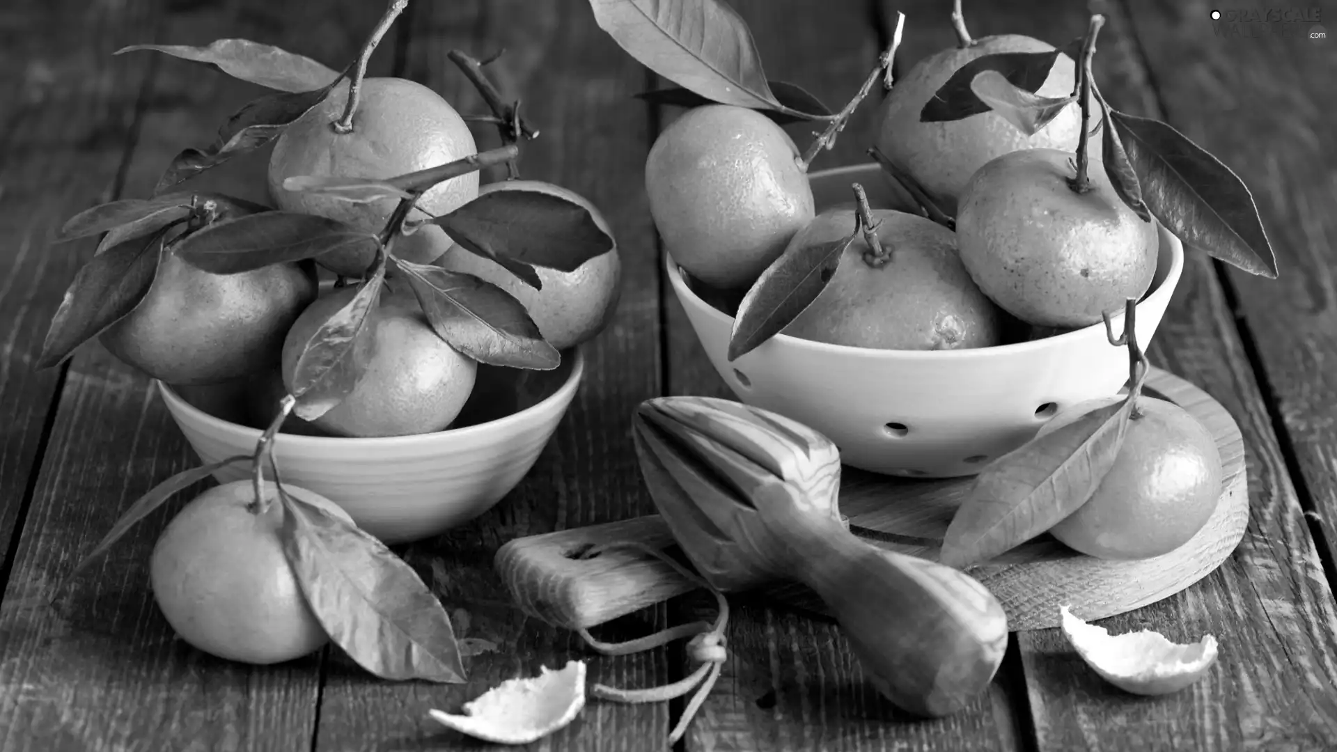 mandarin, Bowls, board, leaves