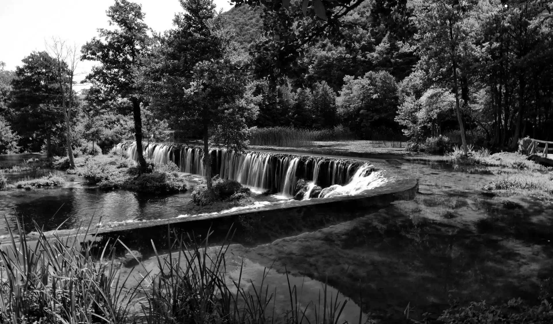 viewes, Cascades, ledge, lake, grass, trees