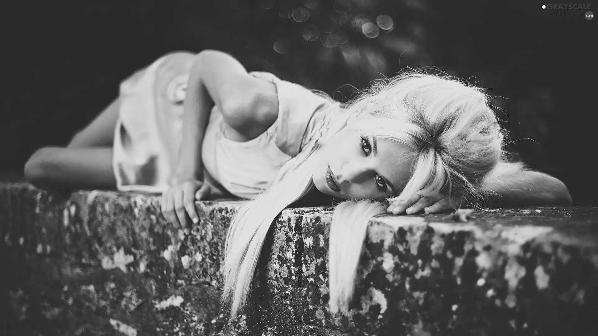 Women, resting, ledge, Blonde